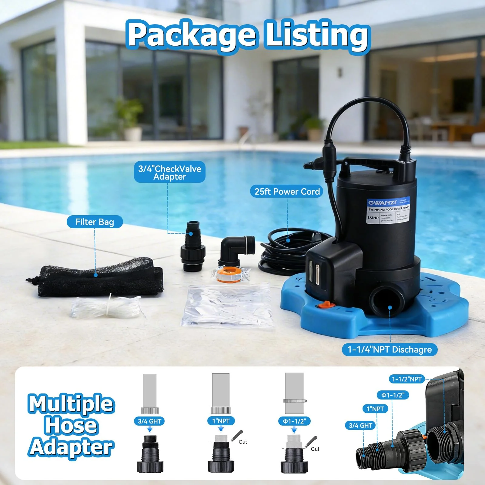 1/2HP Automatic Swimming Pool Cover Pump 3500GPH Submersible Water Pump with 3/4” Check Valve Adapter & 25ft Power Cord 110V Sump Pump for Swimming Pool Hot Tubs Pond Basement Rooftops - Image 3