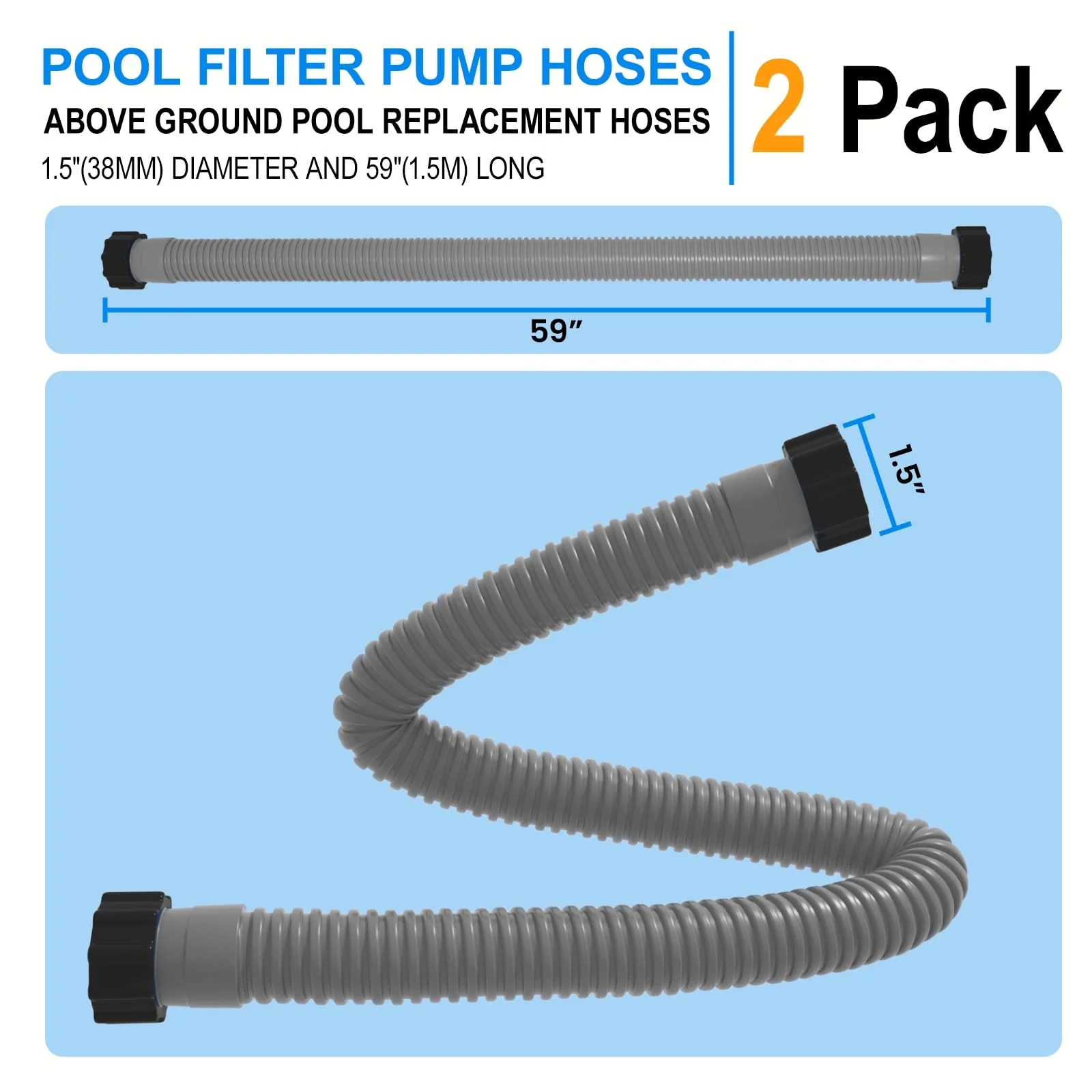 1.5" x 59" Pool Hose Replacement, Pack of 2 - Compatible with Above Ground Pools Filter Pump Hoses, Sand Filters, Saltwater Systems (1,500-2,500 GPH), Grey - Image 6