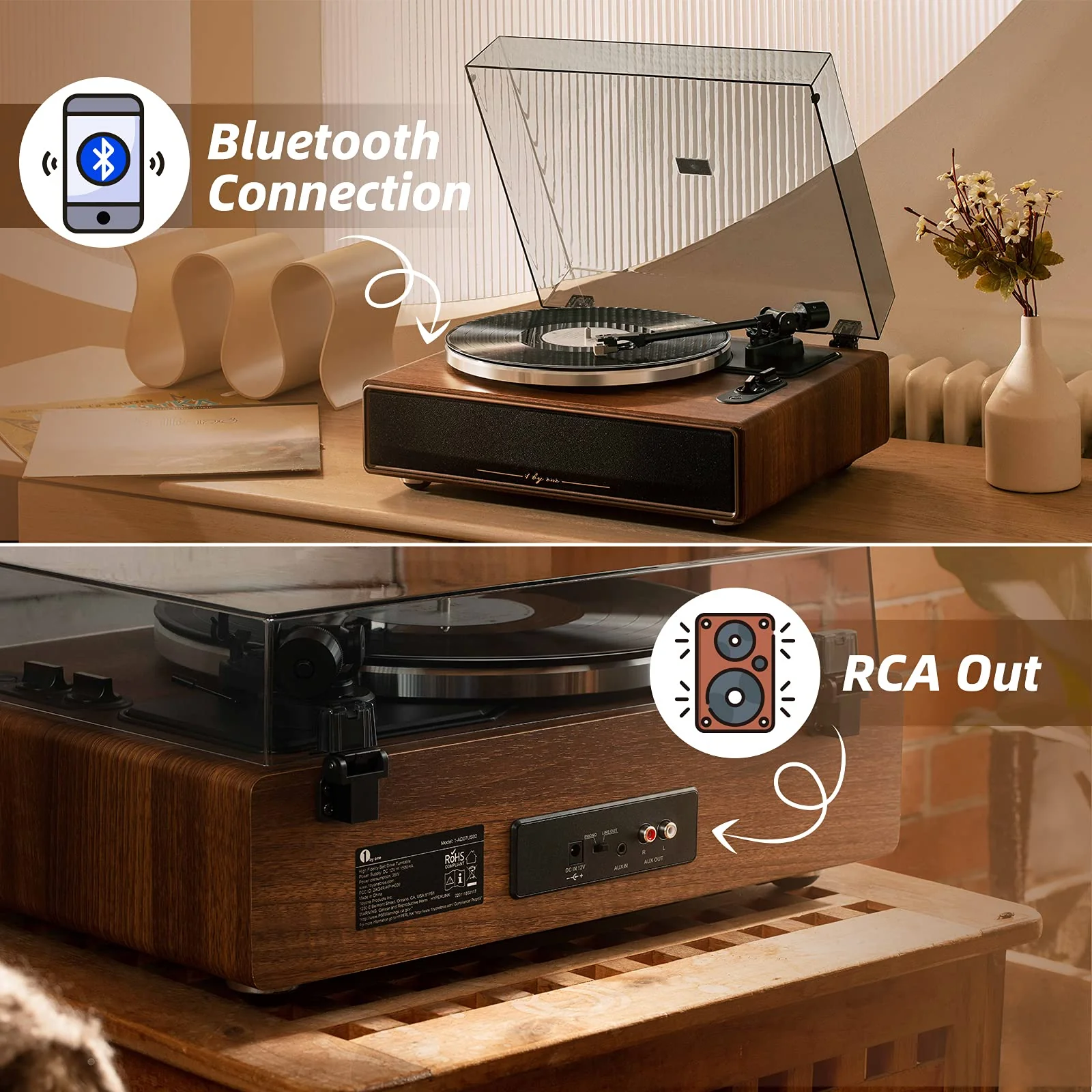1 BY ONE High Fidelity Belt Drive Bluetooth Turntable with Built-in Speakers, Vinyl Record Player with Magnetic Cartridge, Wireless Playback and Aux-in Functionality, Auto Off - Image 6