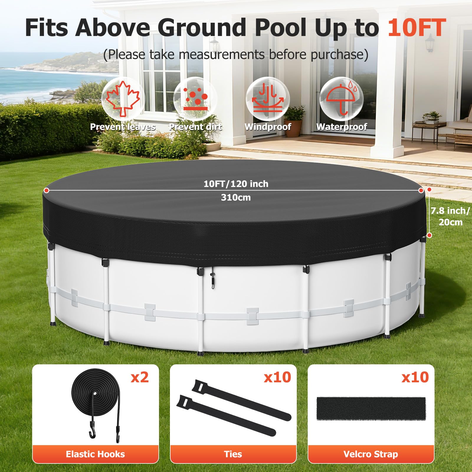 10 Ft Round Pool Cover for Metal Frame Above Ground Pools - Upgraded Windproof Design Compatible with Intex/Bestway Frame Above Ground Outdoor Swimming Pool (Black) - Image 3