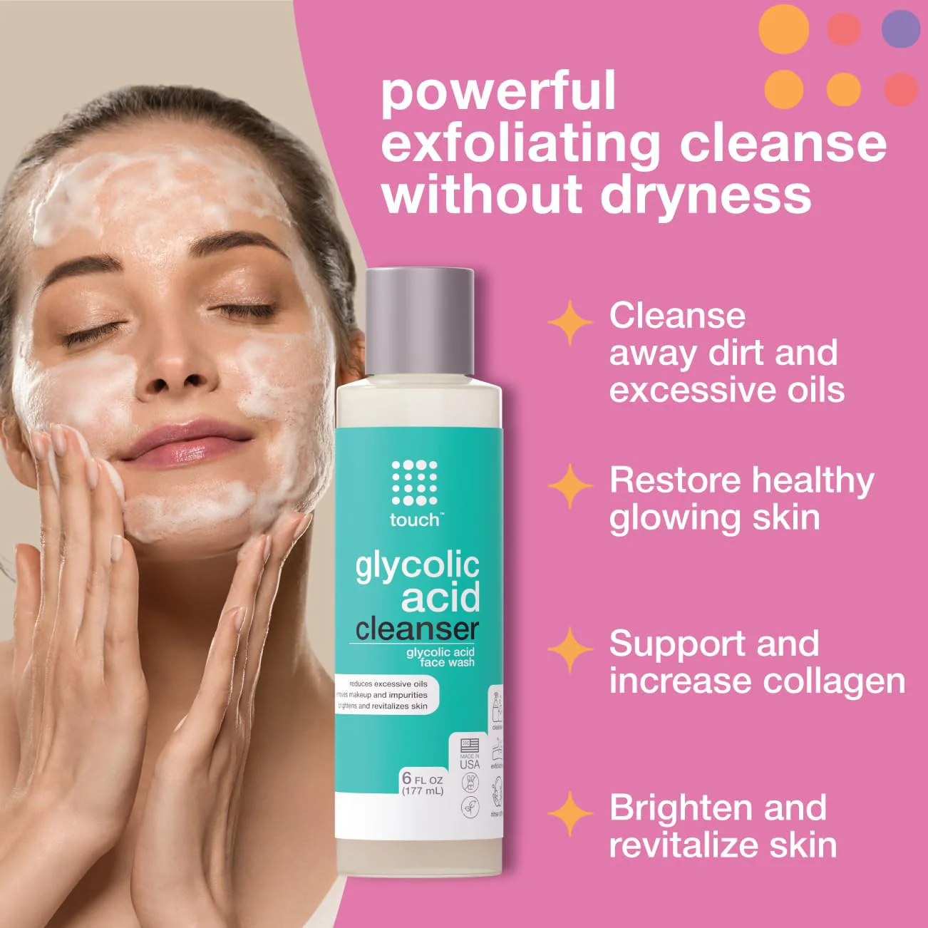 10% Glycolic Acid Face Wash - Exfoliating, Non Drying & Foaming AHA Cleanser - Anti-Aging, Skin Tone & Texture, Wrinkles, Pores, Blackheads - Sulfate Free, Oil Free, & Low PH - 6 oz. - Image 7