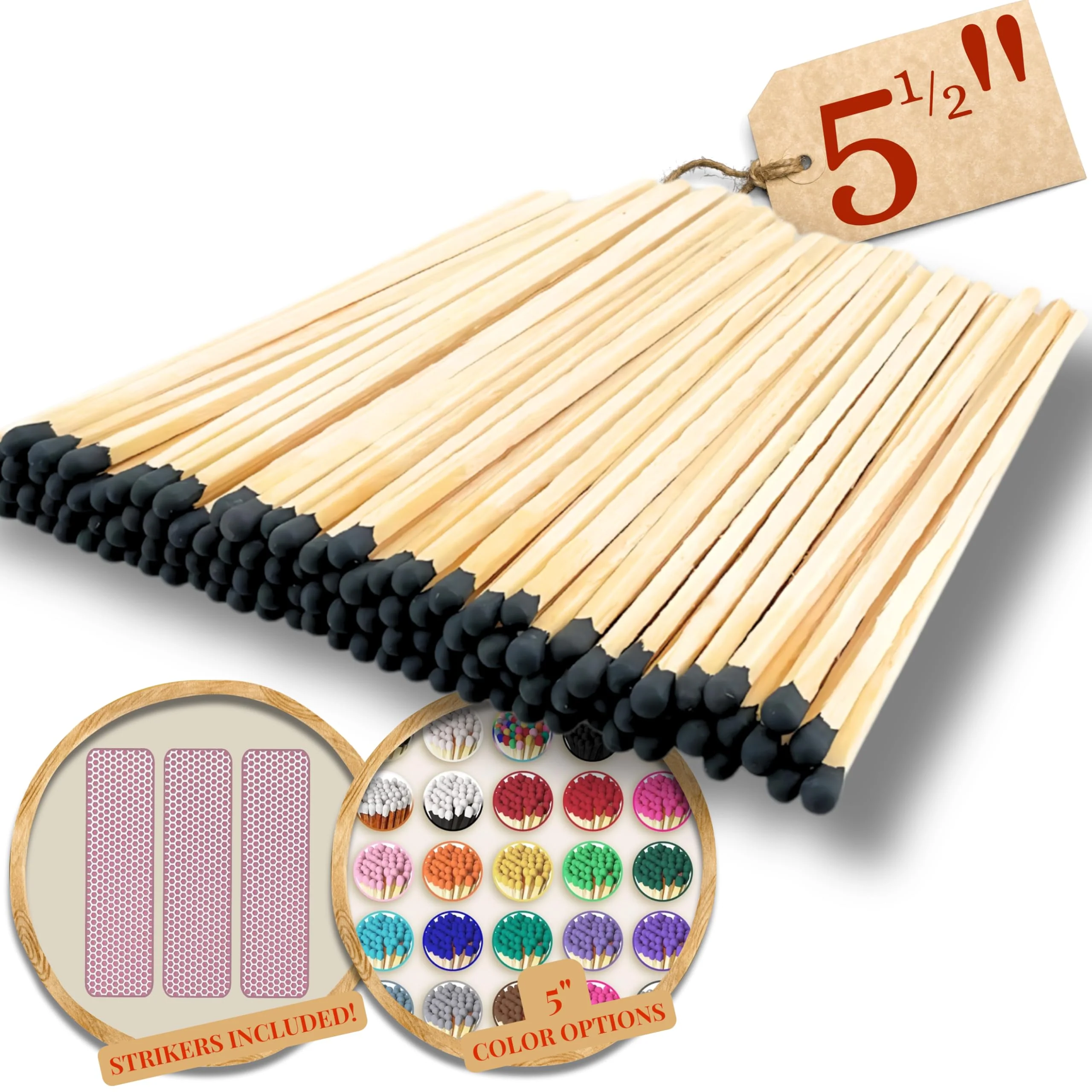 100 Count | 5.5" Black Safety Matches | Strikers Included | Color Tip Wooden Match | Refill for Matchstick Jars, Candle Display, Holders & Bottles | 5 1/2 in inches Long