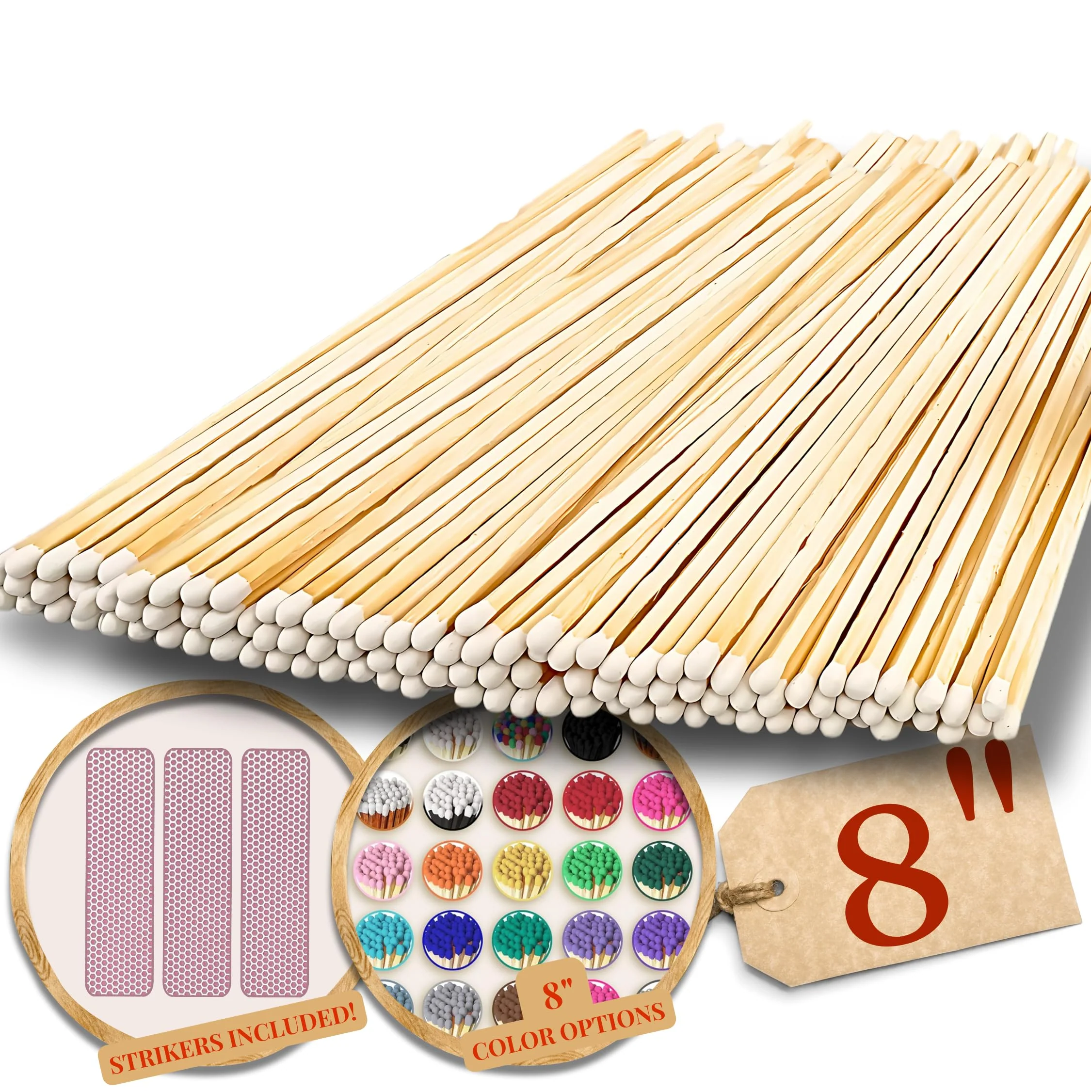 100 Count | 8" White Tip Matches | Strikers Included | Color Tip Wooden Match | Extra Long Fireplace Match 8 inches