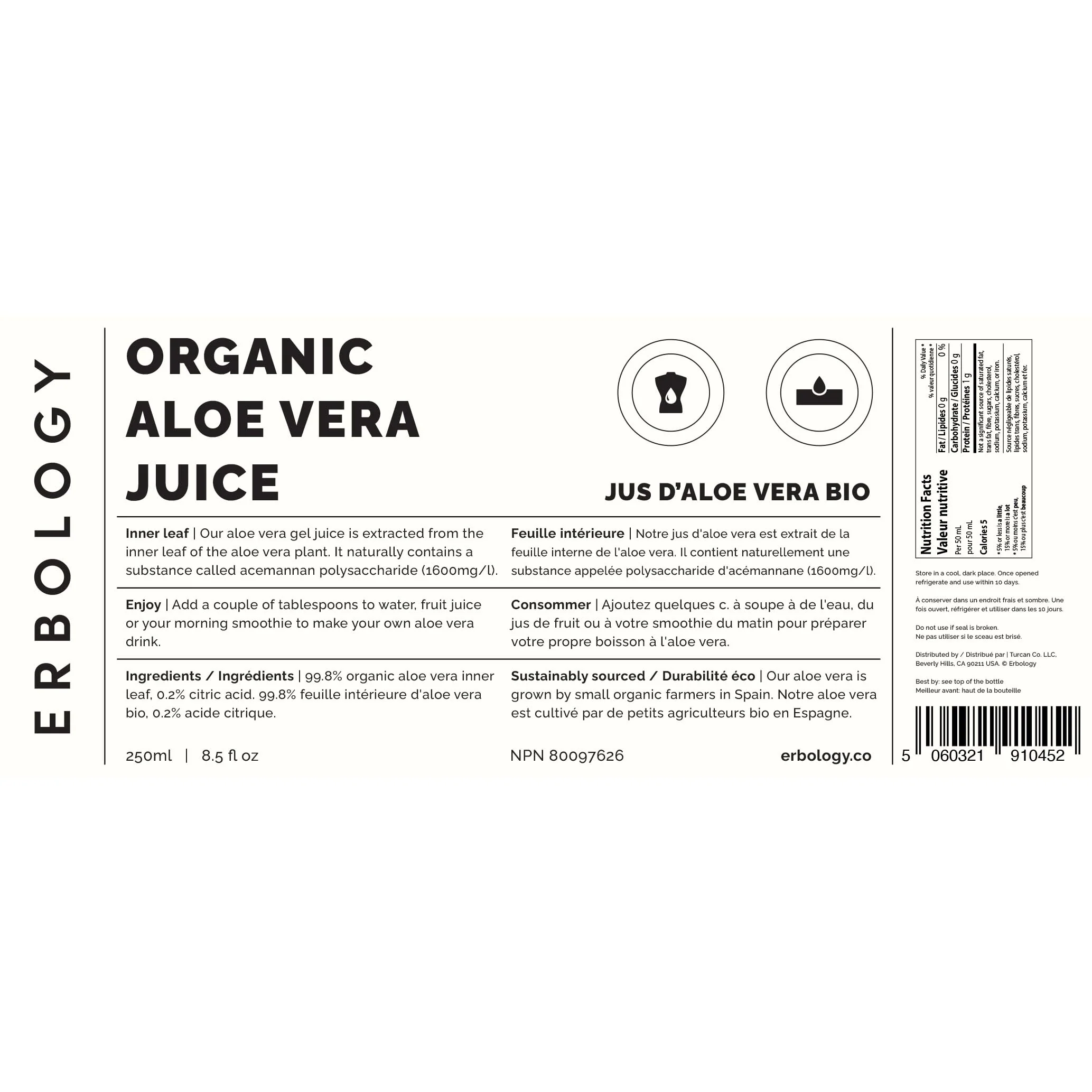 100% Organic Aloe Vera Juice 8.5 fl oz - Supports Immunity & Gut Health - Straight from Farm in Spain - Undiluted - No Added Sugar or Artificial Preservatives - Non-GMO - Recyclable Glass Bottle - Image 2