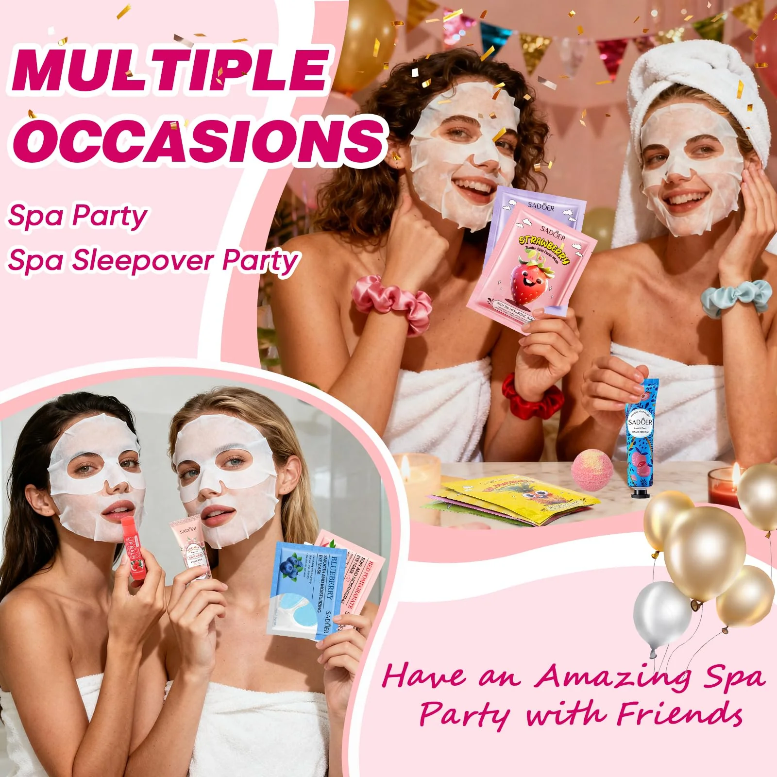 100 PCS Spa Party Supplies for Girls , Spa Party Favors Include Face Masks Skincare, Hand Cream, Lip Balm, Under Eye Patches, Lip Mask and Foot Bath Bombs, Spa Birthday Sleepover Party Supplies - Image 3