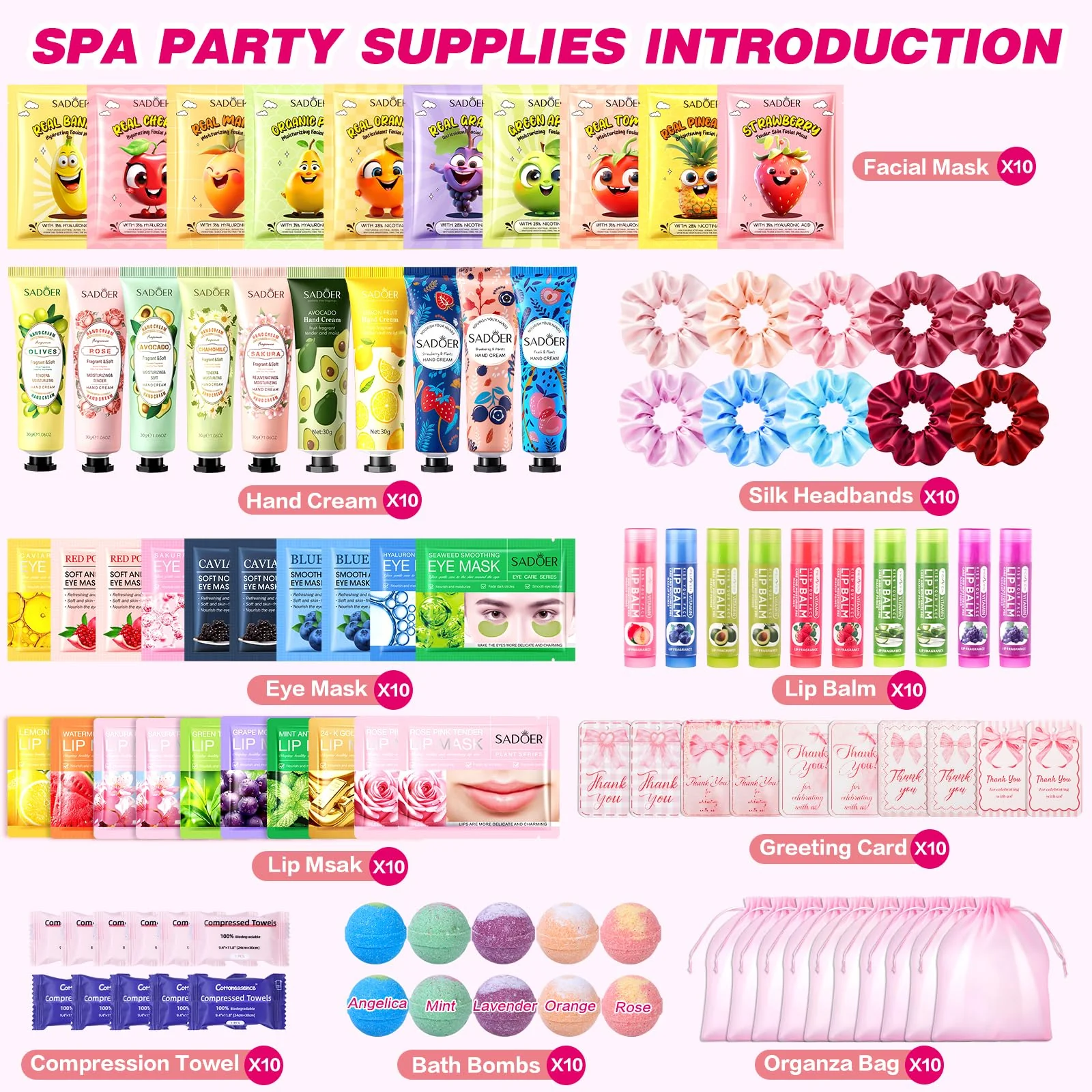 100 PCS Spa Party Supplies for Girls , Spa Party Favors Include Face Masks Skincare, Hand Cream, Lip Balm, Under Eye Patches, Lip Mask and Foot Bath Bombs, Spa Birthday Sleepover Party Supplies - Image 7