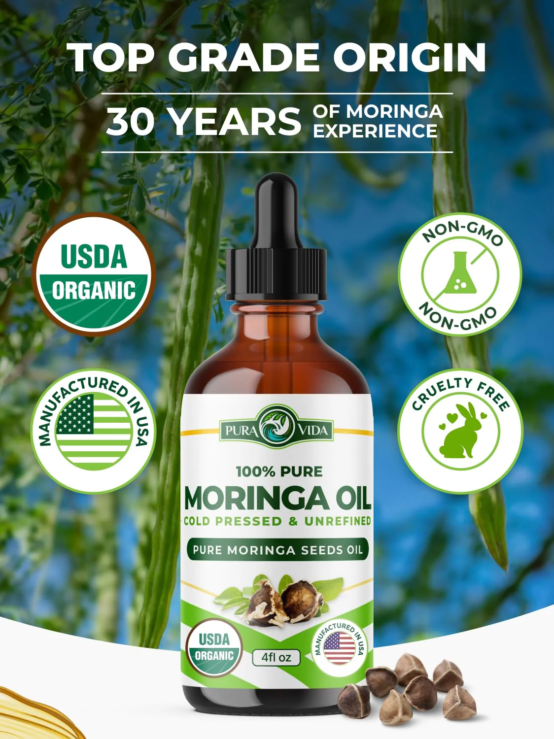 100% Pure Moringa Oil Organic for Face, Hair, Nails and Dry Skin - USDA Certified Single Origin Moringa Oleifera Seeds Extract - 3rd Party Tested, Cold Pressed & Unrefined Organic Moringa Seed Oil - Image 6