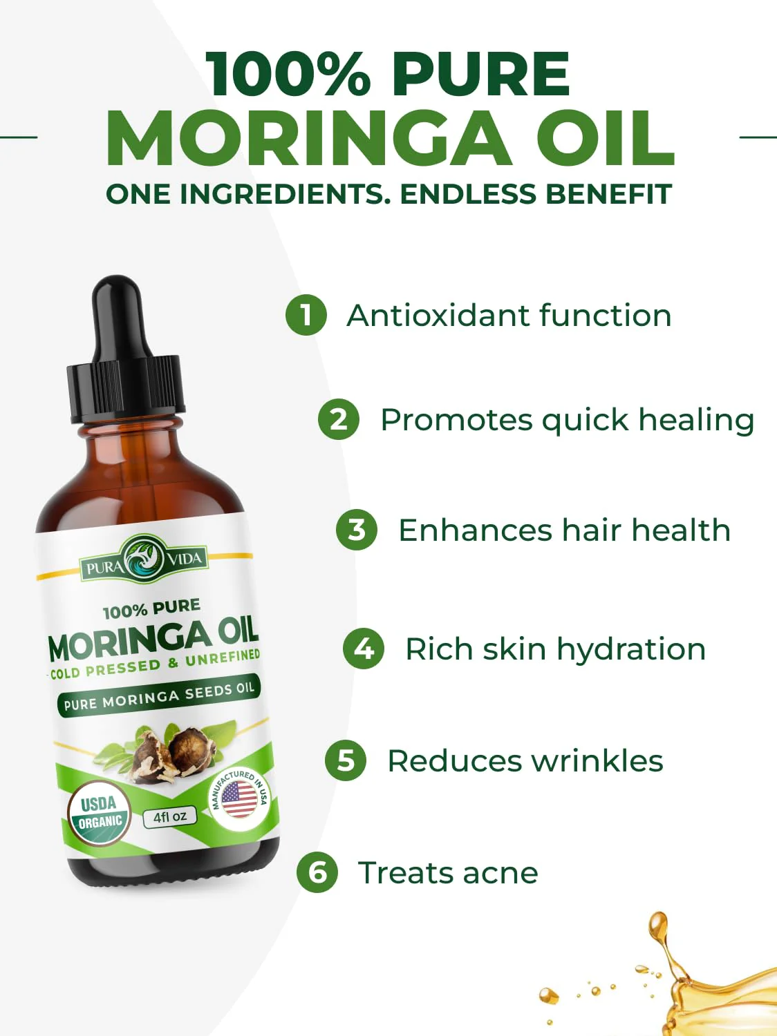 100% Pure Moringa Oil Organic for Face, Hair, Nails and Dry Skin - USDA Certified Single Origin Moringa Oleifera Seeds Extract - 3rd Party Tested, Cold Pressed & Unrefined Organic Moringa Seed Oil - Image 7