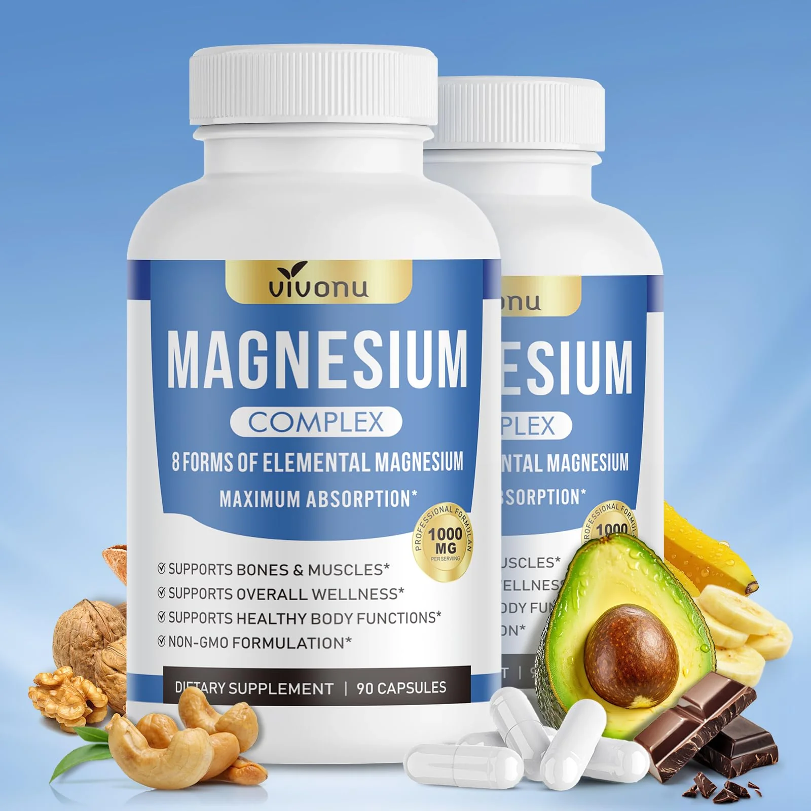 1000mg Magnesium Complex Capsules, 8 Elemental with Magnesium Glycinate, Citrate, Malate, Taurate, Oxide, Carbonate, Aspartate, Orotate for Bones, Muscle, Recovery, Energy, Vegan Non-GMO, 2 Bottle