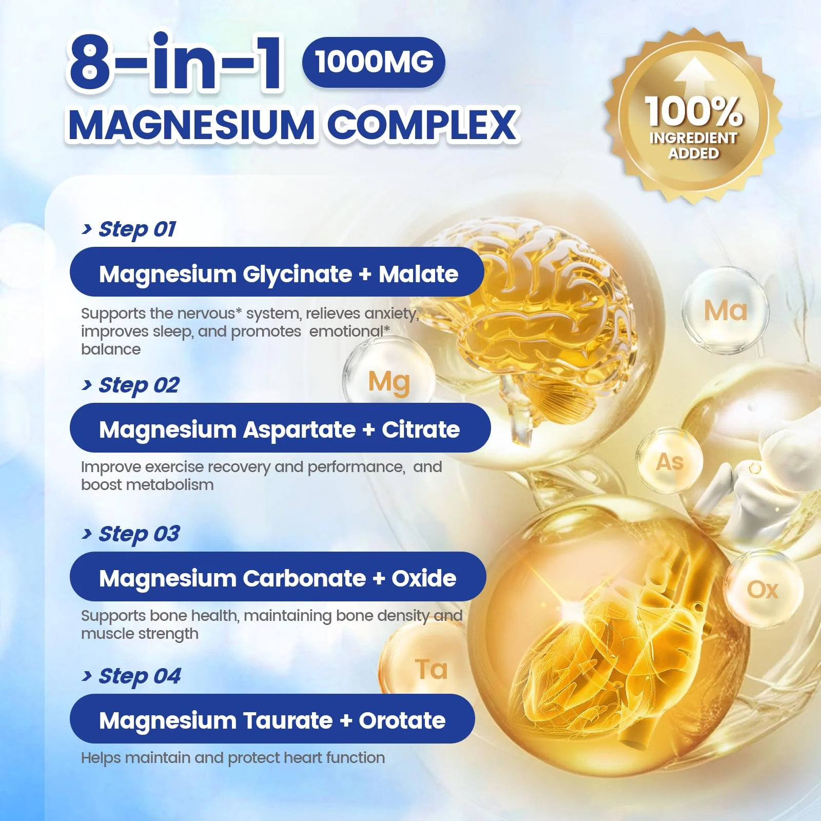 1000mg Magnesium Complex Capsules, 8 Elemental with Magnesium Glycinate, Citrate, Malate, Taurate, Oxide, Carbonate, Aspartate, Orotate for Bones, Muscle, Recovery, Energy, Vegan Non-GMO, 2 Bottle - Image 3