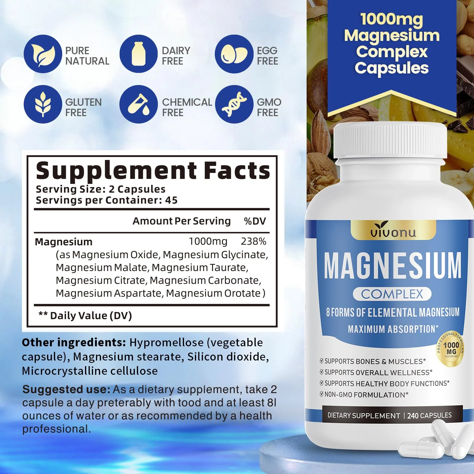 1000mg Magnesium Complex Capsules, 8 Elemental with Magnesium Glycinate, Citrate, Malate, Taurate, Oxide, Carbonate, Aspartate, Orotate for Bones, Muscle, Recovery, Energy, Vegan Non-GMO, 2 Bottle - Image 8