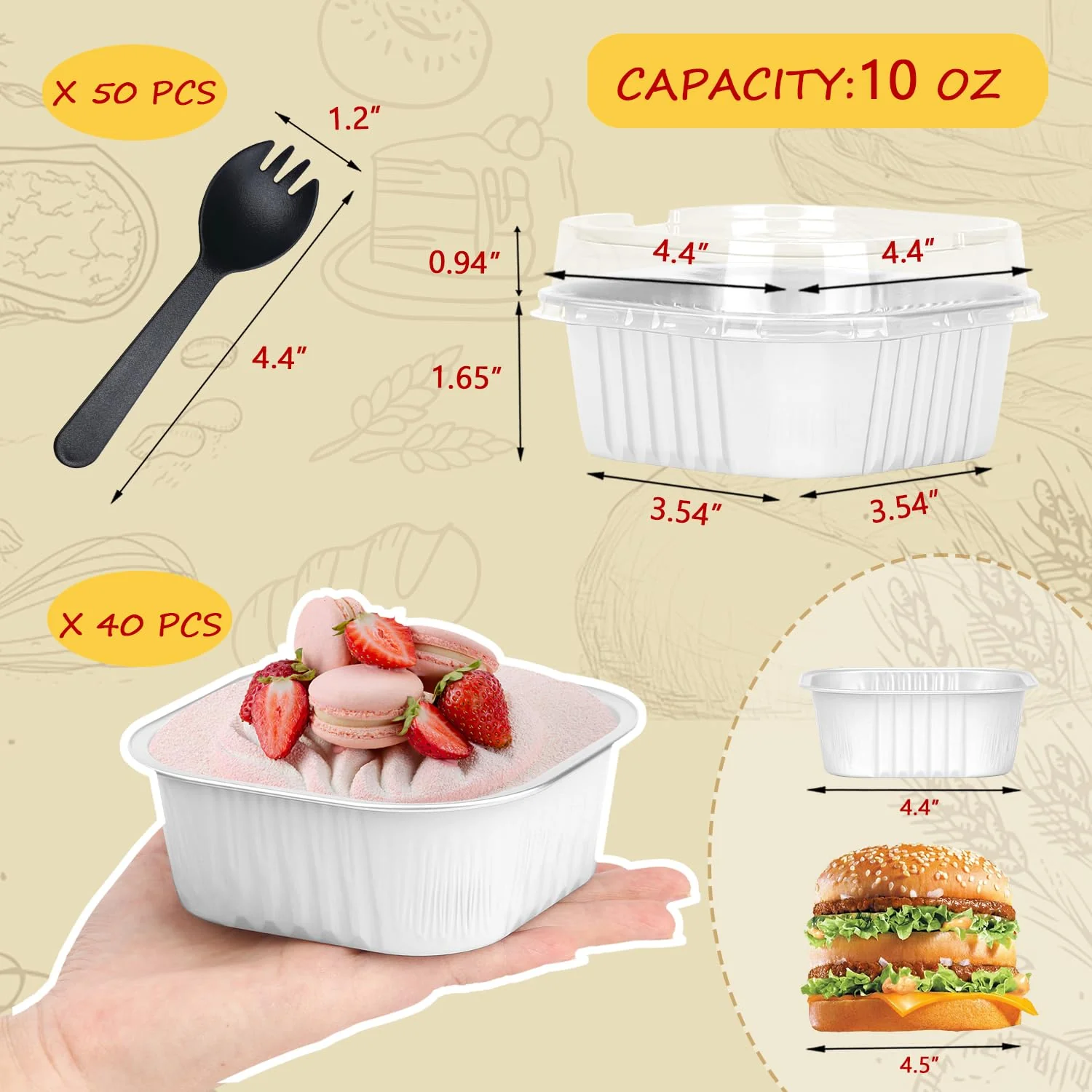 10oz Disposable Ramekins With Lids 40 Pack,LNYZQUS Aluminum Foil Jumbo Cupcake Pan, Square 4”X4” Mini Cake Pan Browni Baking Cups Muffin Tin Dessert Cups For Wedding Party-White - Image 6