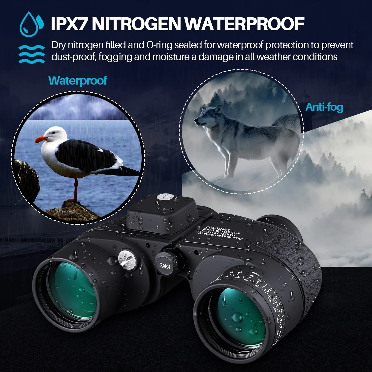 10x50 Marine Binoculars with Rangefinder for Adults - IPX7 Waterproof BAK4 Prism FMC Lens Binoculars with Compass and Shoulder Harness Strap for Navigation Hunting Bird Watching - Image 3
