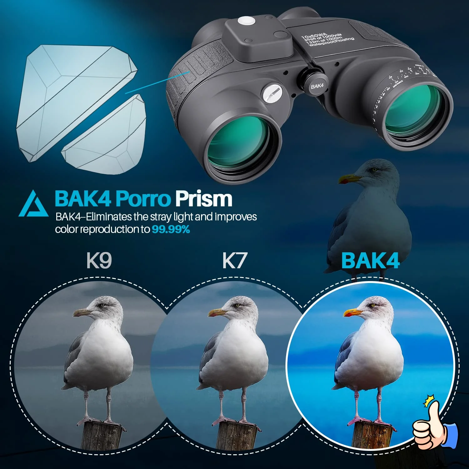 10x50 Marine Binoculars with Rangefinder for Adults - IPX7 Waterproof BAK4 Prism FMC Lens Binoculars with Compass and Shoulder Harness Strap for Navigation Hunting Bird Watching - Image 4