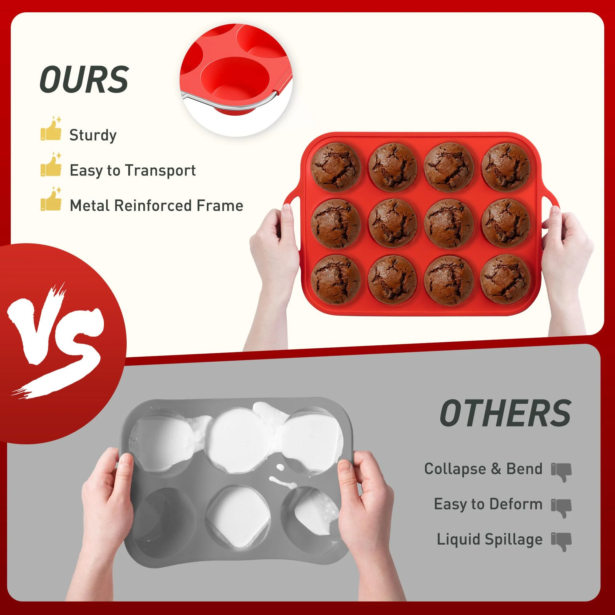 12 Cups Silicone Muffin Pan with Metal Reinforced Frame Regular Size Cupcake Pan Tray Egg Bites Silicone Circle Cookie Molds Muffin Tin Tart Pans Baking Sheet Set for Breakfast Sandwiches - Image 8
