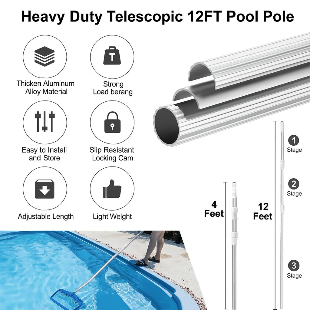 12 FT Pool Pole – Telescoping Aluminum 5/4" Diameter Pool Pole with Strong Grip & Lock - Heavy Duty 3-Piece Adjustable Design - Fits Any Skimmer, Brush, Vacuum Head - Image 5