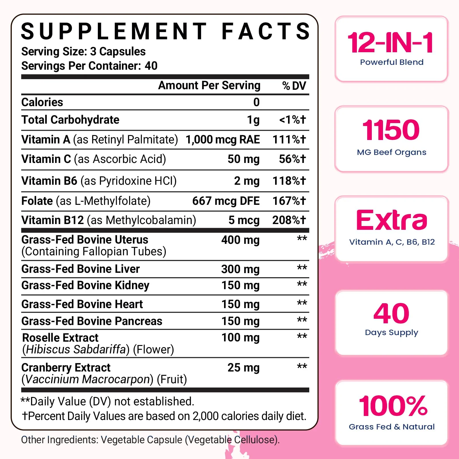 12-In-1 Beef Organ Supplement for Women - Beef Liver, Uterus, Kidney, Heart, Pancreas, 5 Vitamins & 2 Herbs, Hormone Balance, Menstruation, Energy, Immune - 100% Grass Fed, Pasture Raise - 120 Caps - Image 2