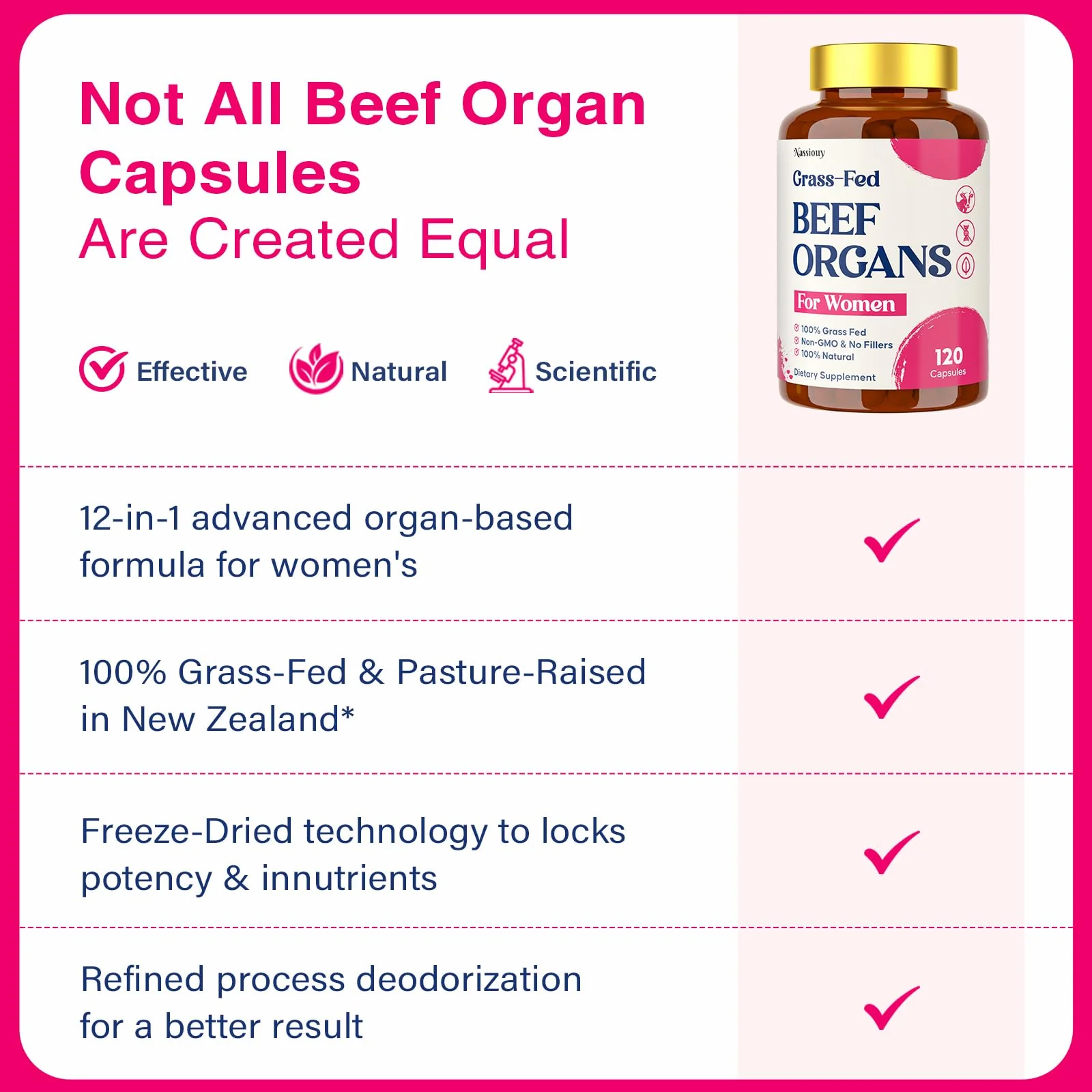 12-In-1 Beef Organ Supplement for Women - Beef Liver, Uterus, Kidney, Heart, Pancreas, 5 Vitamins & 2 Herbs, Hormone Balance, Menstruation, Energy, Immune - 100% Grass Fed, Pasture Raise - 120 Caps - Image 6