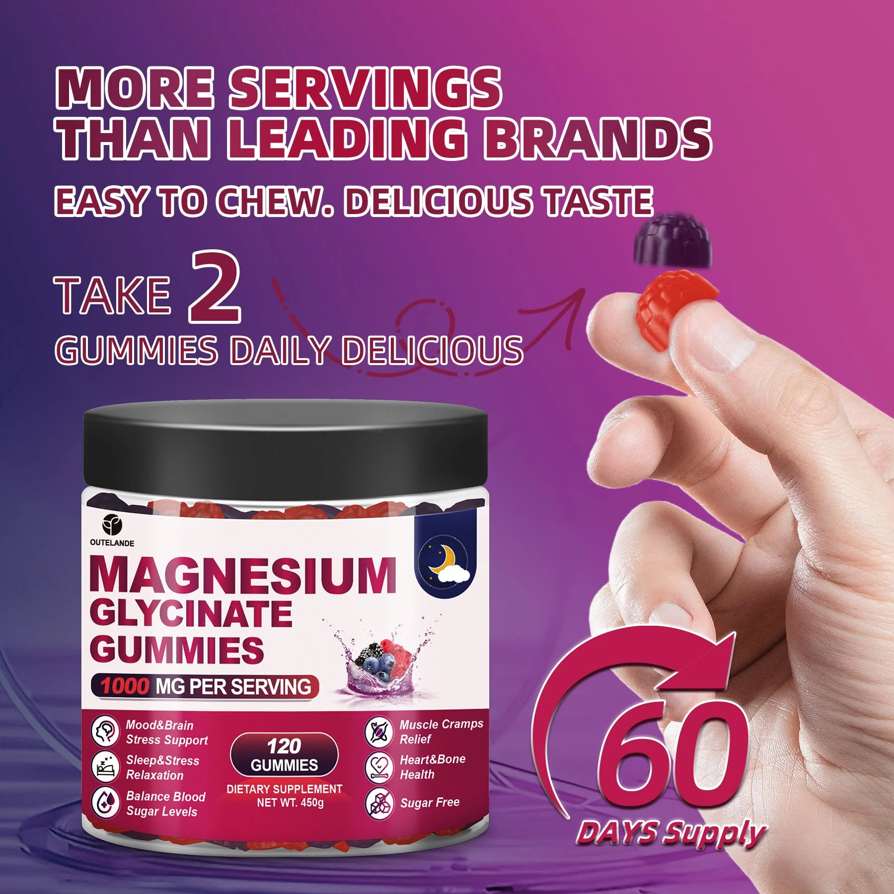 120 CT Magnesium Glycinate Gummies 1000 mg for Women and Men, Magnesium Malate & Taurate Supplements for Sleep, Body Support and Relaxation, Sugar Free, Vegan, Raspberry BlackBerry Blueberry Flavor - Image 3