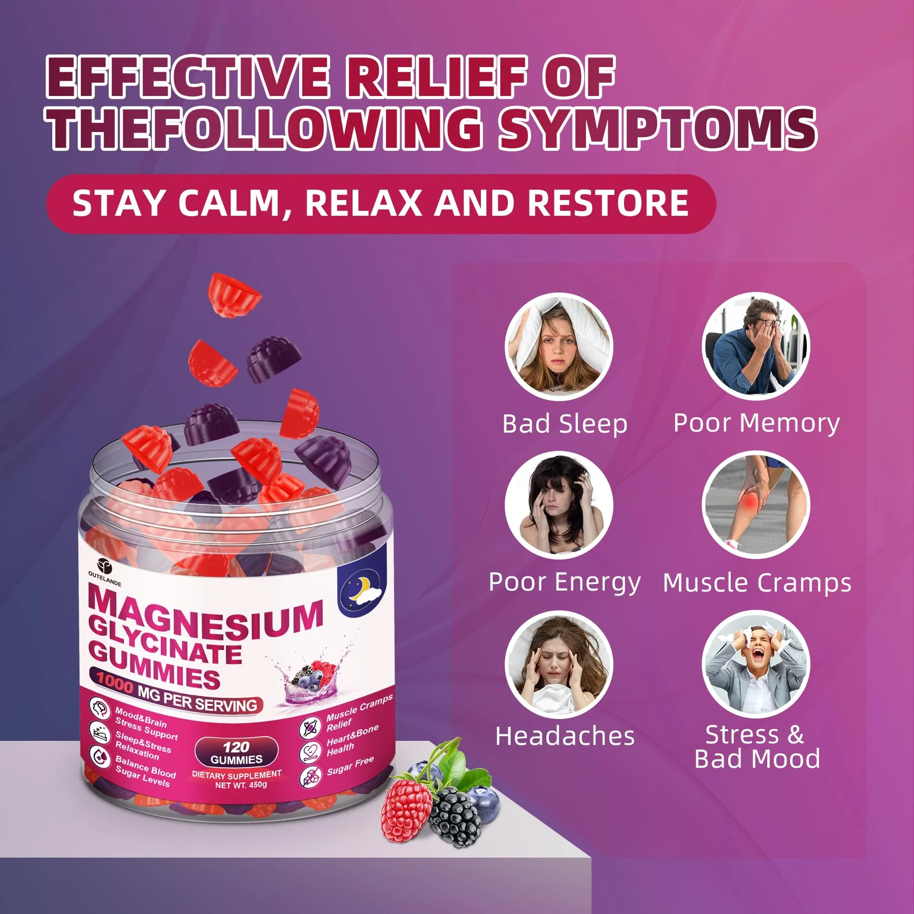 120 CT Magnesium Glycinate Gummies 1000 mg for Women and Men, Magnesium Malate & Taurate Supplements for Sleep, Body Support and Relaxation, Sugar Free, Vegan, Raspberry BlackBerry Blueberry Flavor - Image 4