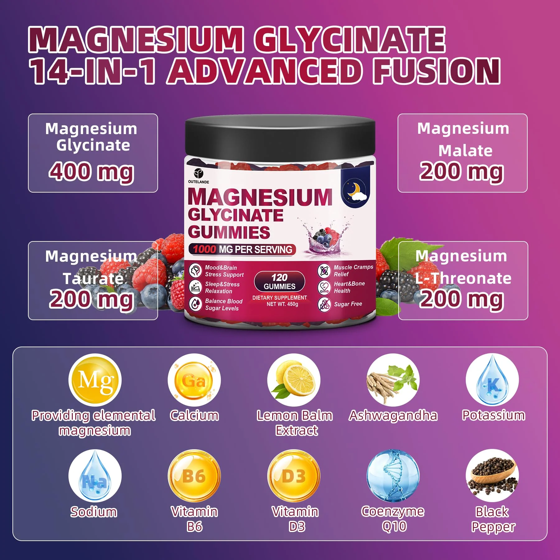 120 CT Magnesium Glycinate Gummies 1000 mg for Women and Men, Magnesium Malate & Taurate Supplements for Sleep, Body Support and Relaxation, Sugar Free, Vegan, Raspberry BlackBerry Blueberry Flavor - Image 6