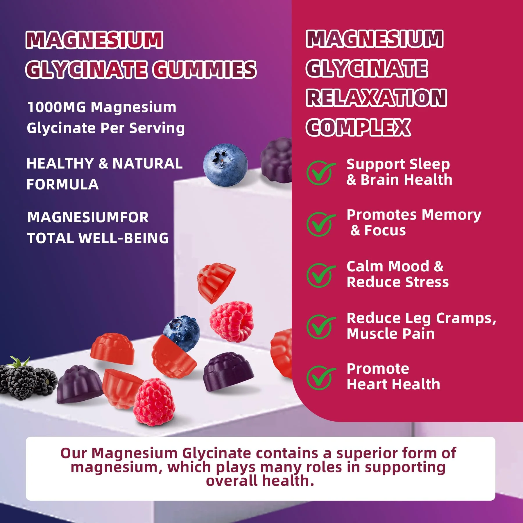 120 CT Magnesium Glycinate Gummies 1000 mg for Women and Men, Magnesium Malate & Taurate Supplements for Sleep, Body Support and Relaxation, Sugar Free, Vegan, Raspberry BlackBerry Blueberry Flavor - Image 7