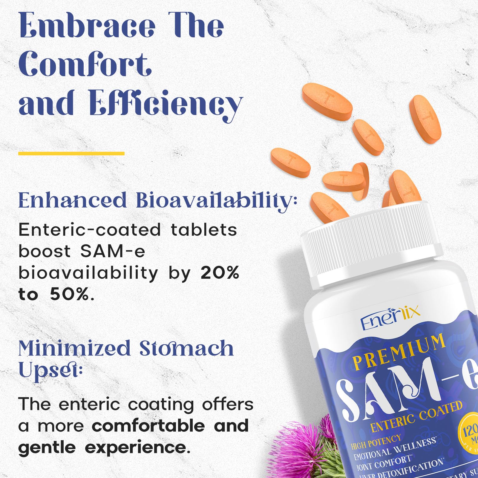1200 MG SAM e Supplement for Brain, Mood, Joint, and Liver, High Absorption SAM-e (S-Adenosyl-L-Methionine) with CoQ10, 5-HTP, Enteric Coated 120 Tablets, Vegan - Image 3