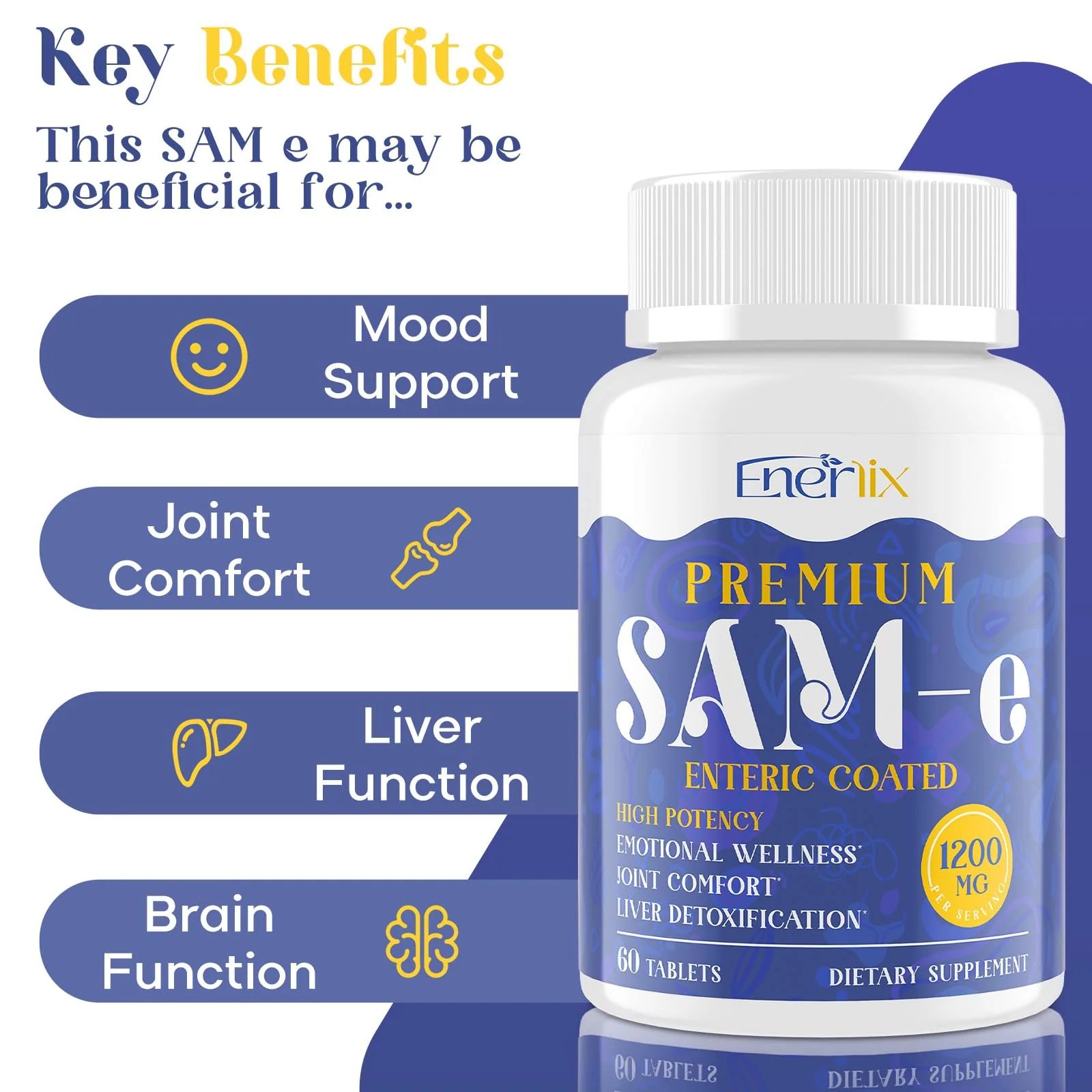 1200 MG SAM e Supplement for Brain, Mood, Joint, and Liver, High Absorption SAM-e (S-Adenosyl-L-Methionine) with CoQ10, 5-HTP, Enteric Coated 120 Tablets, Vegan - Image 4