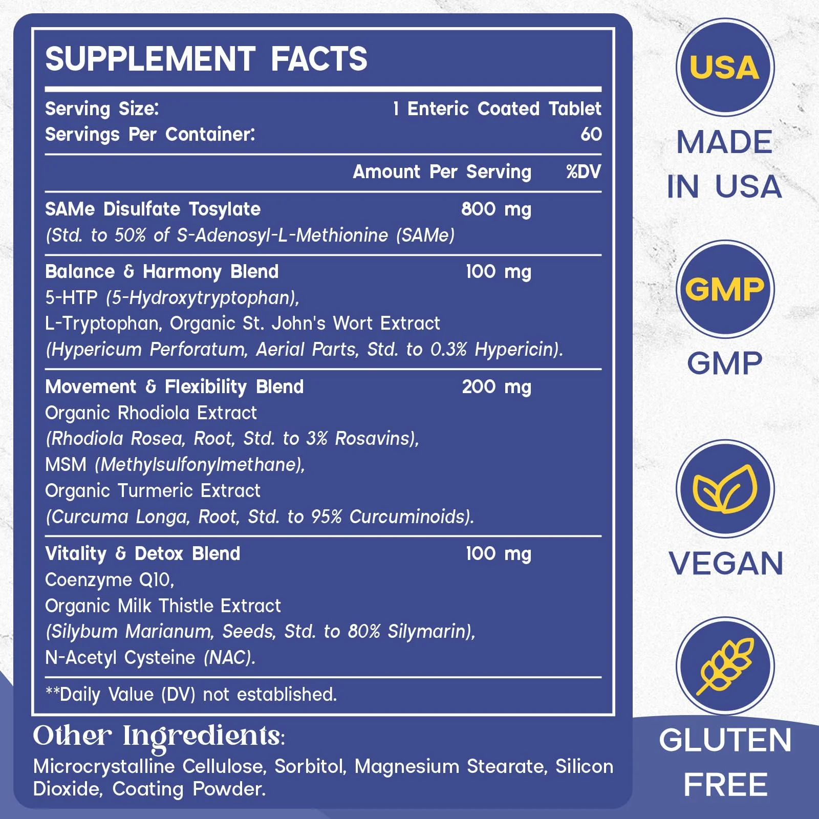 1200 MG SAM e Supplement for Brain, Mood, Joint, and Liver, High Absorption SAM-e (S-Adenosyl-L-Methionine) with CoQ10, 5-HTP, Enteric Coated 120 Tablets, Vegan - Image 7