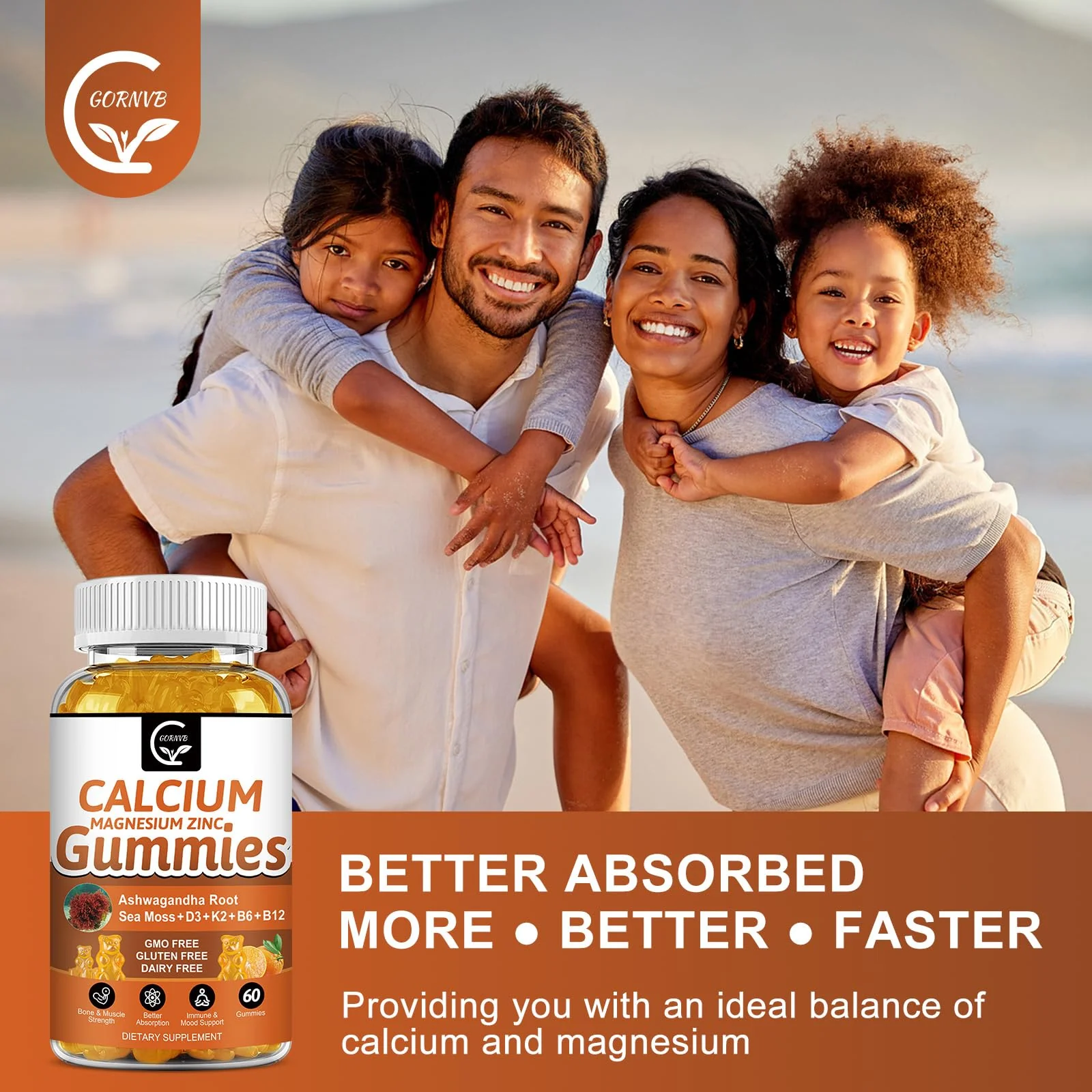 1200mg Calcium Gummies with Vitamin D3,K2,B12 & B6 - Plant Complex Calcium Magnesium Supplement with Glycinate,Potassium,Sea Moss,Ashwagandha Root for Bone & Teeth Strength, Muscle & Immune-2 Pack - Image 2