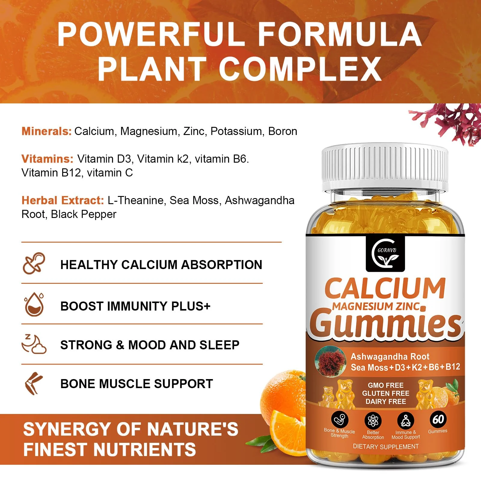 1200mg Calcium Gummies with Vitamin D3,K2,B12 & B6 - Plant Complex Calcium Magnesium Supplement with Glycinate,Potassium,Sea Moss,Ashwagandha Root for Bone & Teeth Strength, Muscle & Immune-2 Pack - Image 6