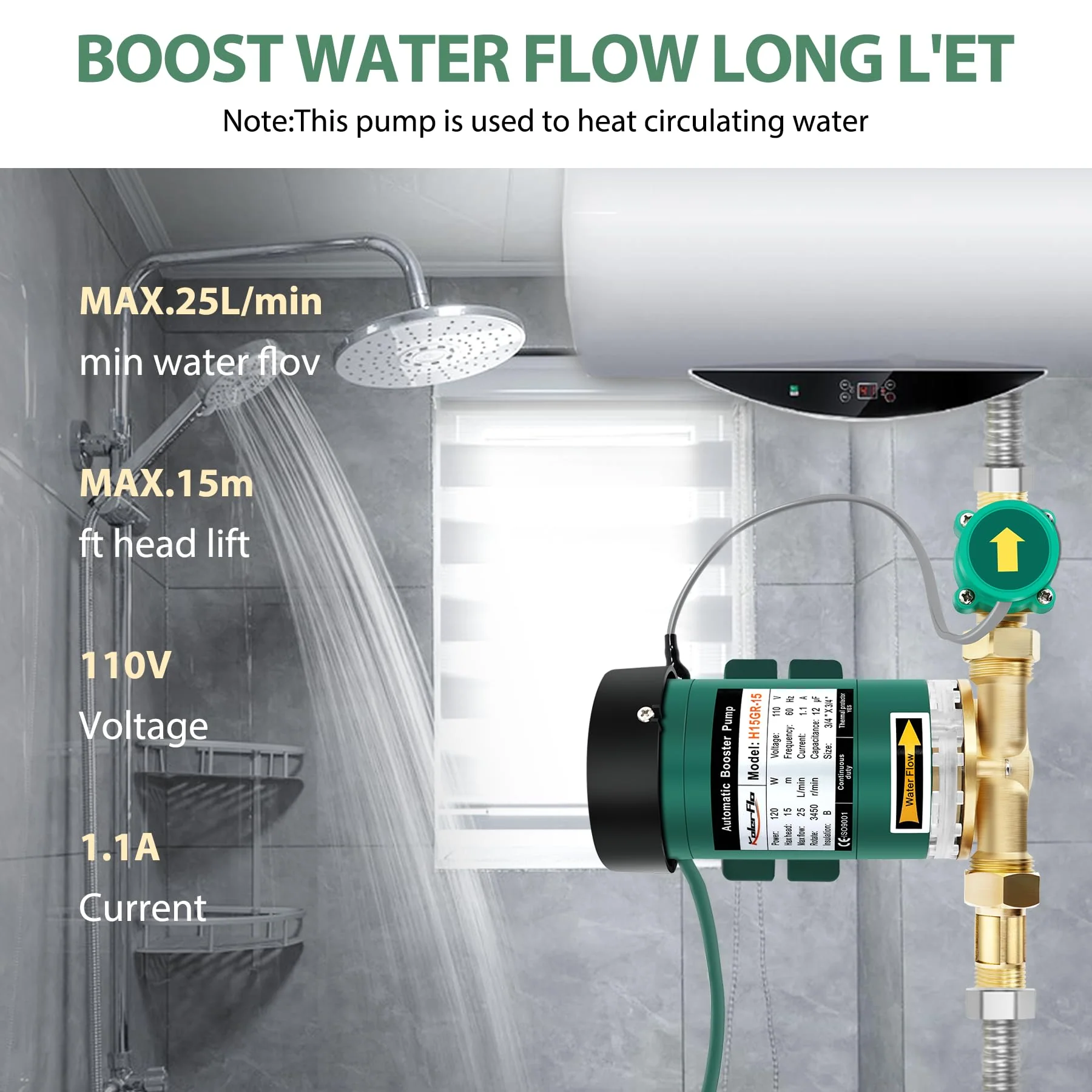 120W Water Pressure Booster Pump 115VAC,396 GPH,21.7 PSI Household Automatic Home Booster Pump with Water Flow Switch for Home Kitchen Bathroom Irrigation(H15GR-15) - Image 8