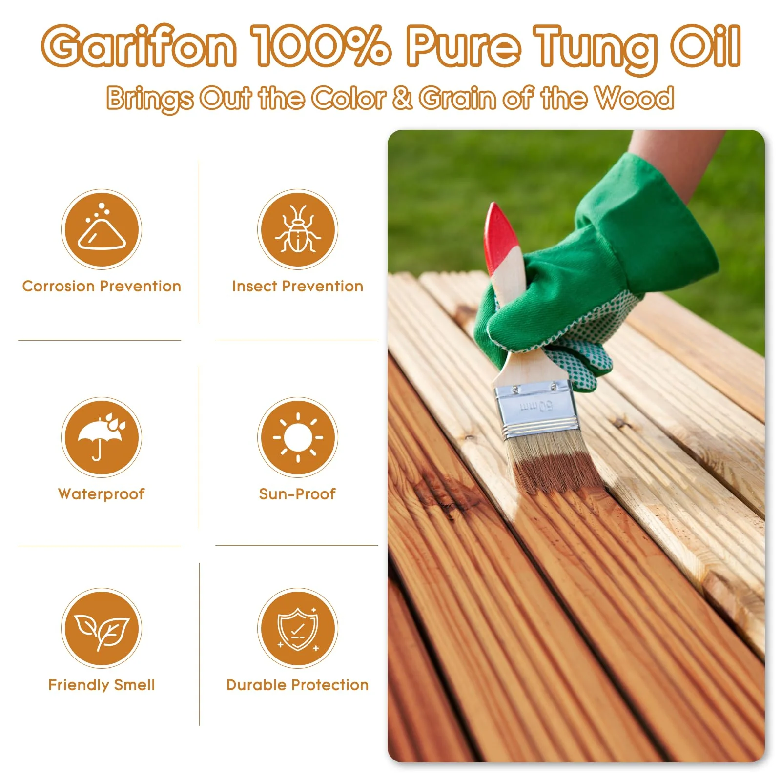 128 OZ Pure Tung Oil for Wood Outdoor/Indoor, Food Grade Sealer, 1 Gallon Tung Oil Finish, Waterproof Wood Oil for Furniture, Cutting Board, Teak, Floor — Food Safe, Indoor Use - Image 4