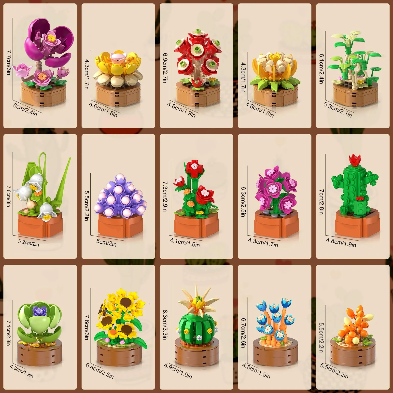 15 Pack Flowers Plants 3.6MM Mini Building Sets - 1314PCS Flower Succulents Botanical Collection for Home Office Décor Block Toy, Party Favors for Christmas Mother's Day Birthday Adults Kids Girls 10+ - Image 9