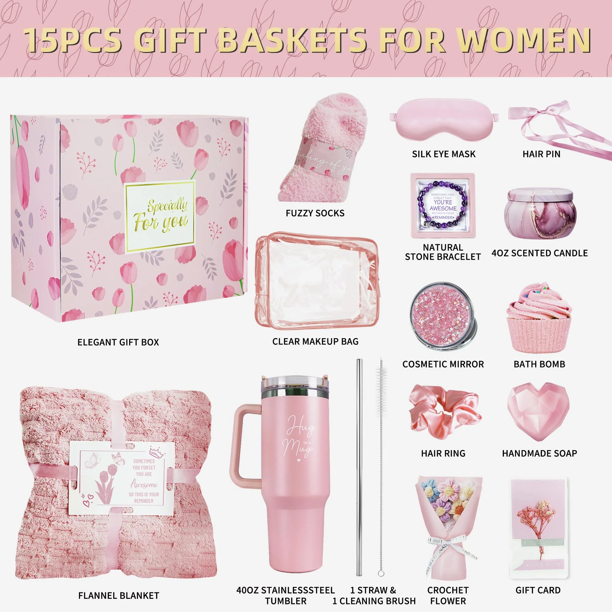 15PCS Birthday Gifts for Women, Relaxing Spa Basket With Luxury Flannel Blanket and 40 oz Tumbler - Care Package for Her, Mom, Wife, Friends - Valentine's, Mother's Day, Christmas - Image 8