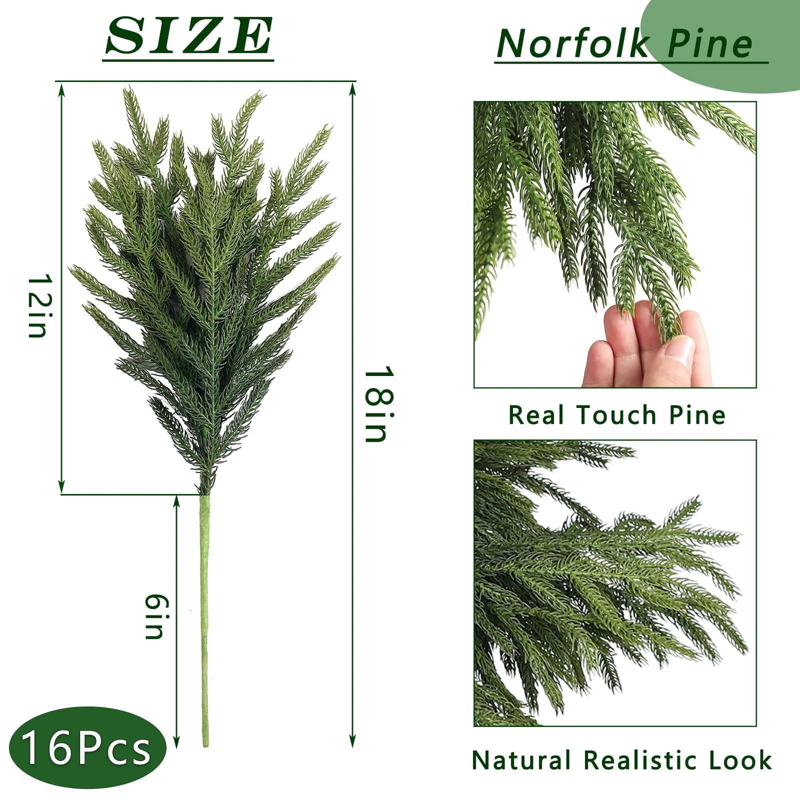 16 Pcs Real Touch Norfolk Pine Branch -18" Artificial Christmas Green Plants Branches Faux Greenery Stem Fake Cedar Pine Picks for Vase DIY Crafts Garland Wreath Xmas Indoor Outdoor Home Decor - Image 4