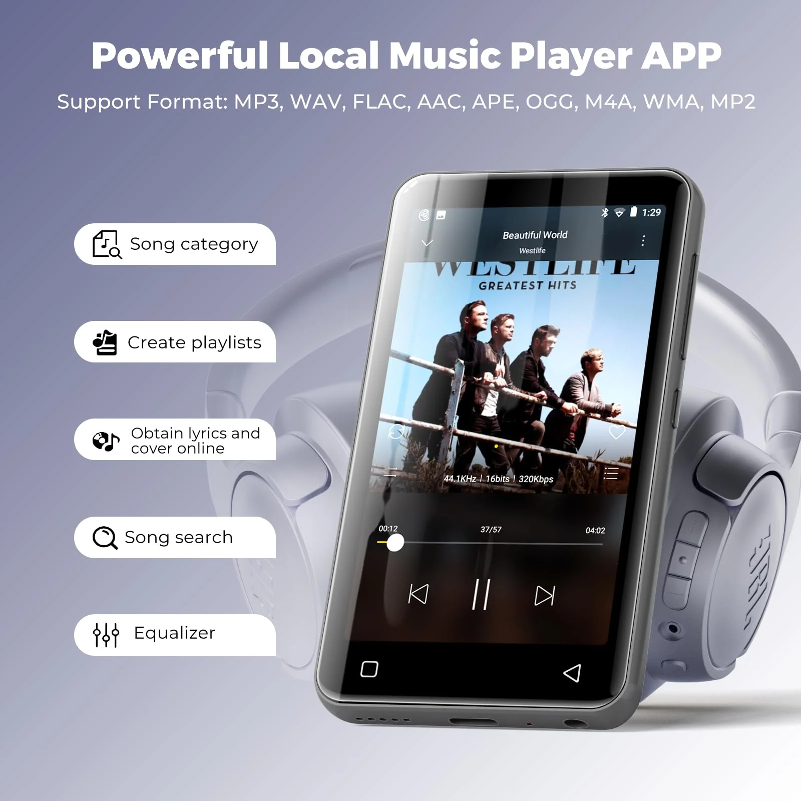 160GB MP3 Player with Bluetooth and WiFi, innioasis Music Player with Spotify,Pandora,Amazon Music,4" Touch Screen Android MP4 MP3 Player for Kids with Libby,Audible,Spotify Kids(Black) - Image 7