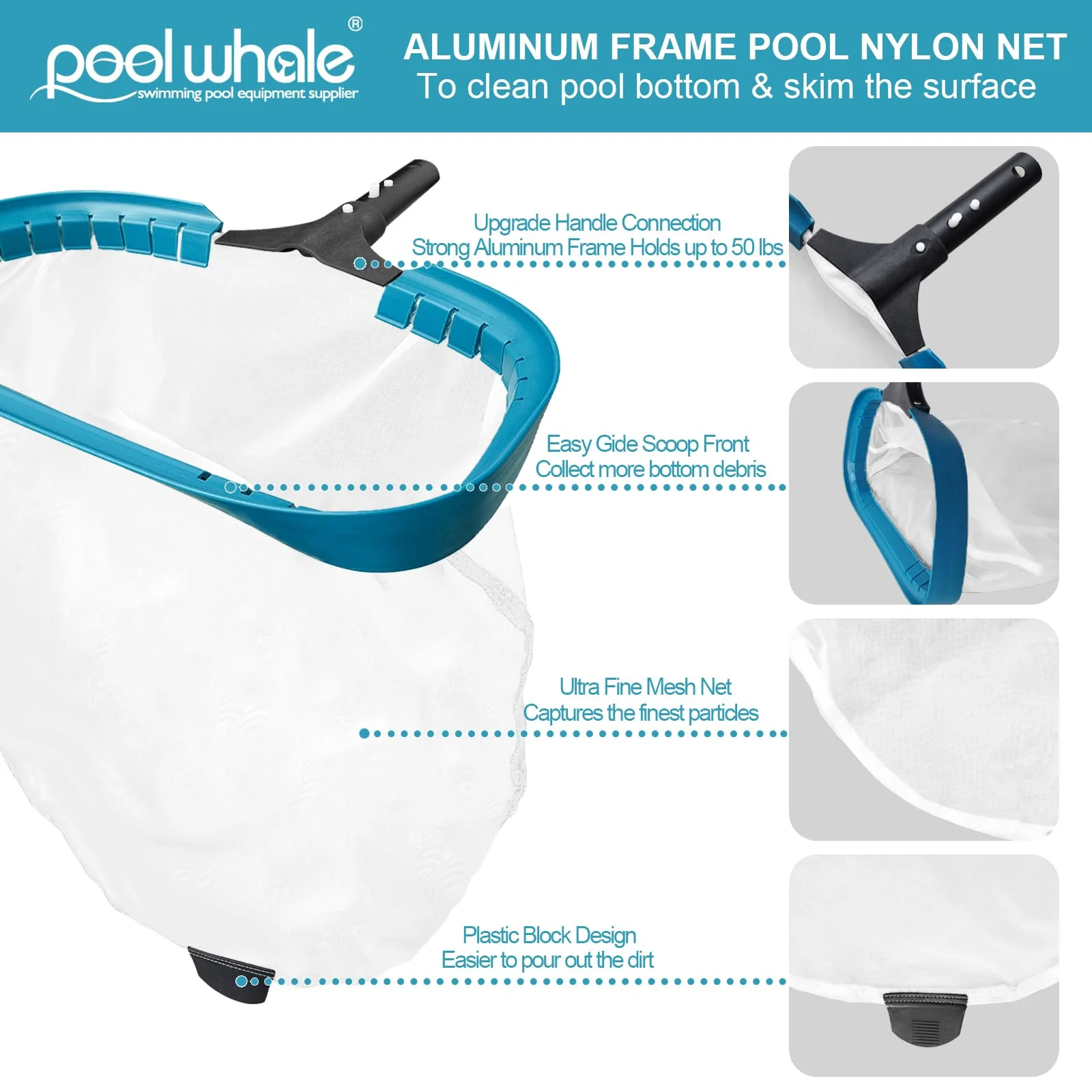 17.5" Heavy Duty Ultra Fine Mesh Pool Pollen & Sand Skimmer Rake, Aluminum Frame Deep Nylon Net, Pool Net for Above Ground & In-ground Swimming Pools (No Pole) - Image 7