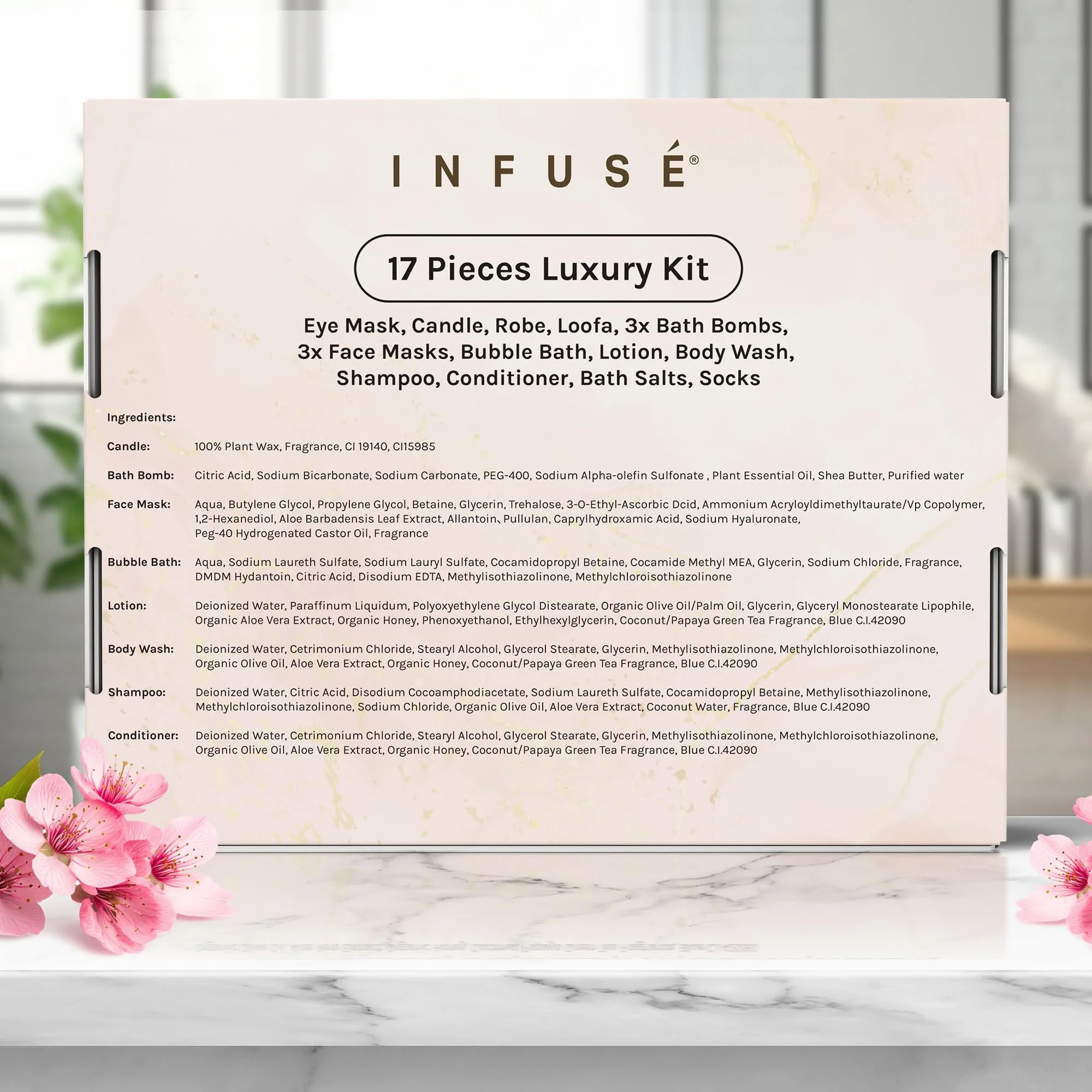 17-Piece Luxury Gift Set with Robe | Complete INFUSÉ White Tea & Coconut Bath Collection | Self-Care Kit with Bath Bombs, Face Masks & Hair Care | Bridesmaid, Mom, Wife, Grandma or Loved Ones - Image 2