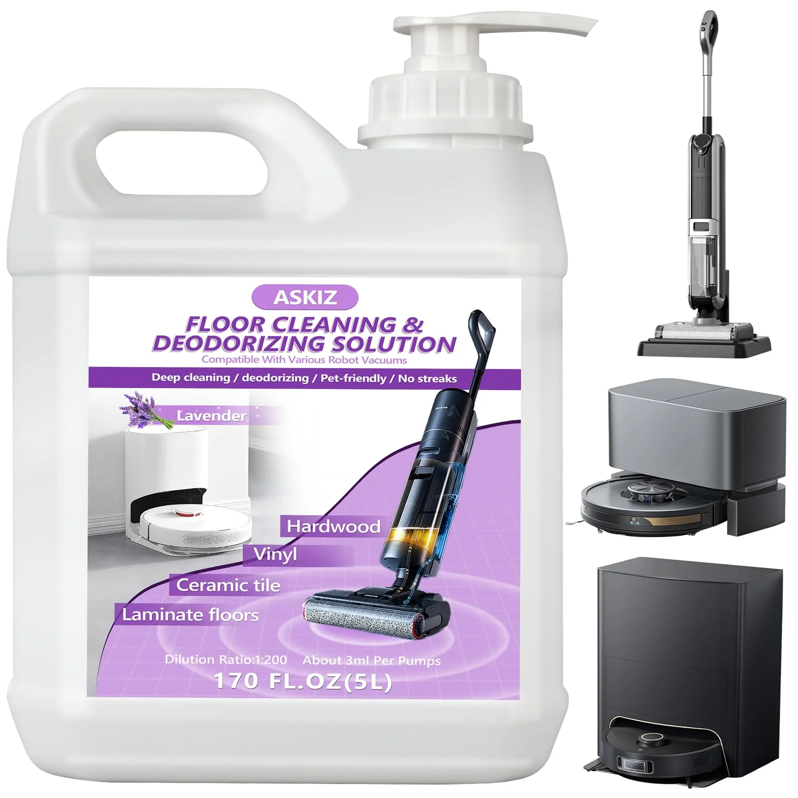 170 FL OZ Floor Cleaning Solution,Floor Cleaner for Mopping with Tineco,Deep Cleaning &Deodorizing for Roborock,Compatible with Saros Series,S8/S7 Series,Q Revo/Q Series,iFLOOR Series Wet Dry Vacuum