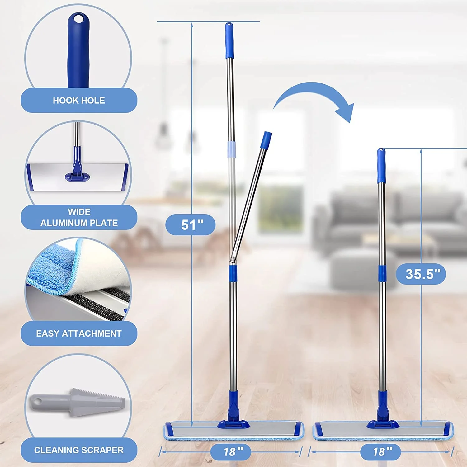 18" Professional Microfiber Mop Floor Cleaning mop, Flat Mop with Stainless Steel Handle,4 Reusable Washable Mop Pads and mop Pads Brush,Microfiber Mop for Hardwood (18" Microfiber Mop) - Image 8