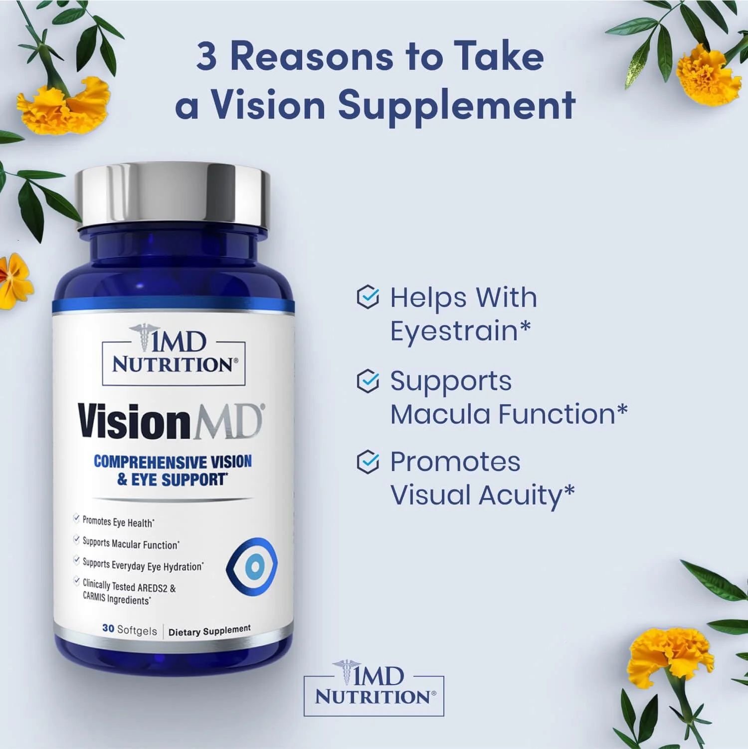 1MD Nutrition VisionMD Eye Vitamin CARMIS - with Lutein & Zeaxanthin | Supports Vision Health, Everyday Eye Strain, & Occasional Dry Eye | 60 Softgels (2-Pack) - Image 2