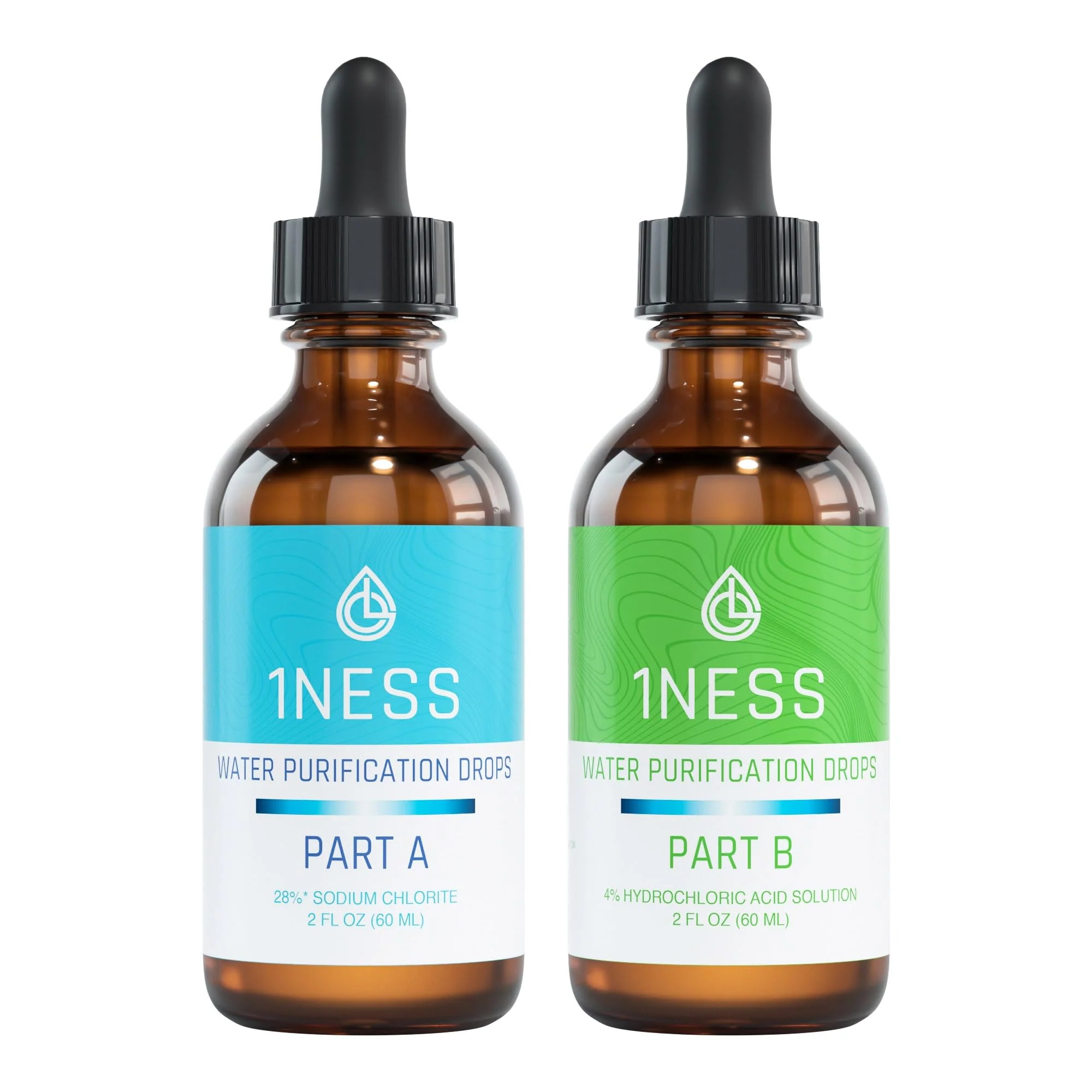 1ness Chlorine Dioxide Kit - Set Hydrochloric Acid 4% (HCl) : Sodium Solution 28% (2oz Bottle A + 2oz Bottle B)