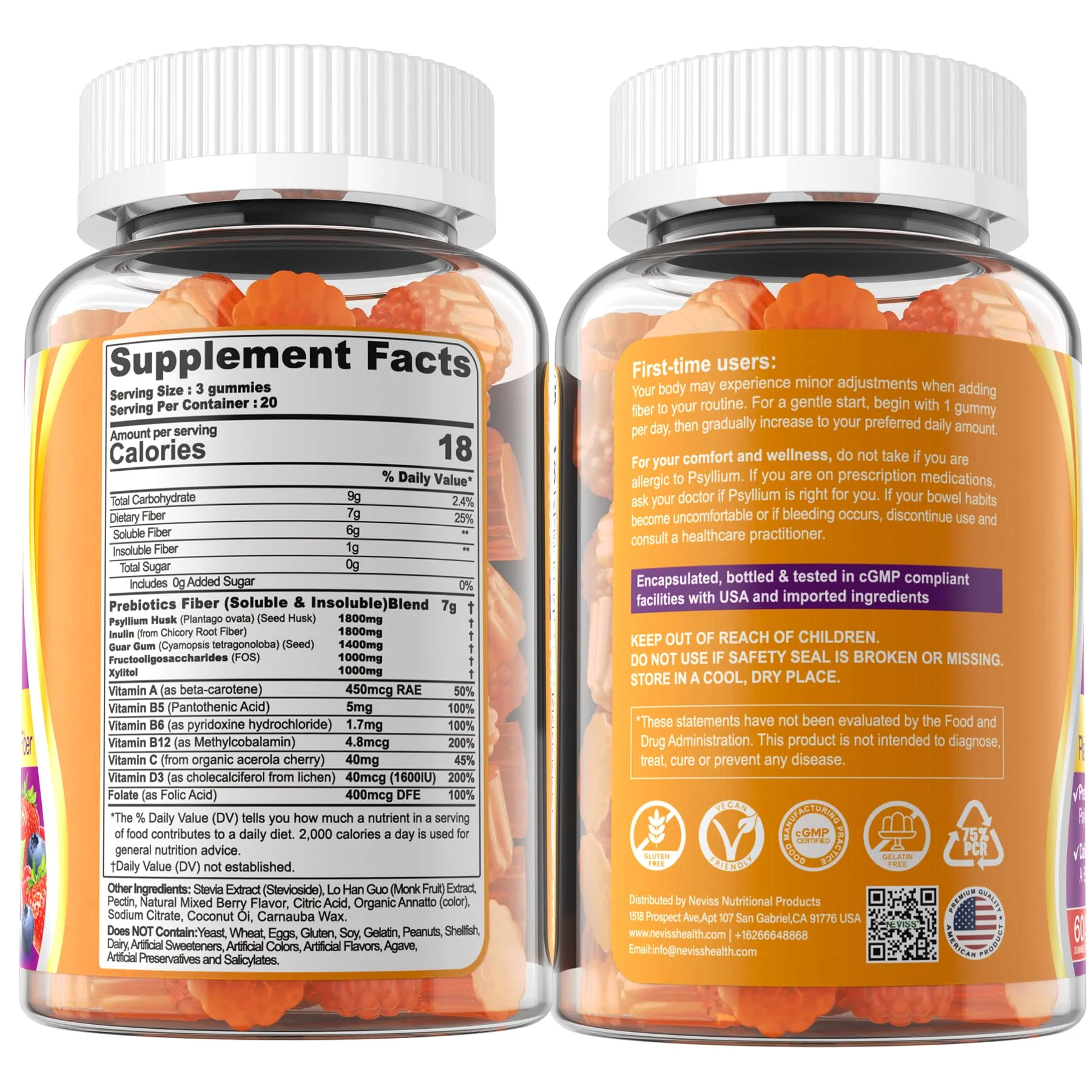 1Pack Fiber Gummies for Adults with Psyllium Husk, 7G(Soluble + Insoluble) Daily Prebiotic Fiber with Inulin, FOS, Guar Gum, Multivitamins for Daily Digestive Health, Regularity Gut Support,Sugar Free - Image 2