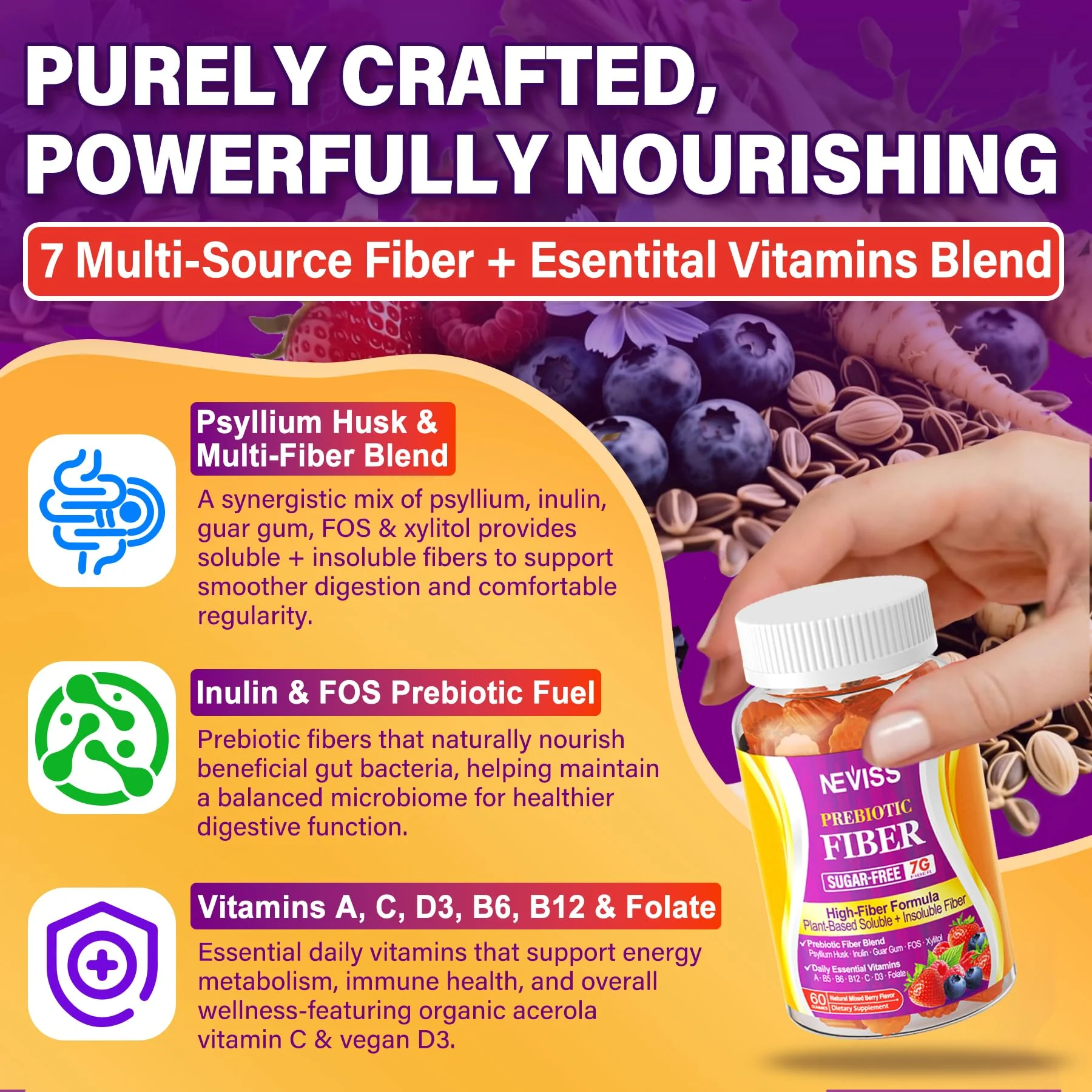 1Pack Fiber Gummies for Adults with Psyllium Husk, 7G(Soluble + Insoluble) Daily Prebiotic Fiber with Inulin, FOS, Guar Gum, Multivitamins for Daily Digestive Health, Regularity Gut Support,Sugar Free - Image 3