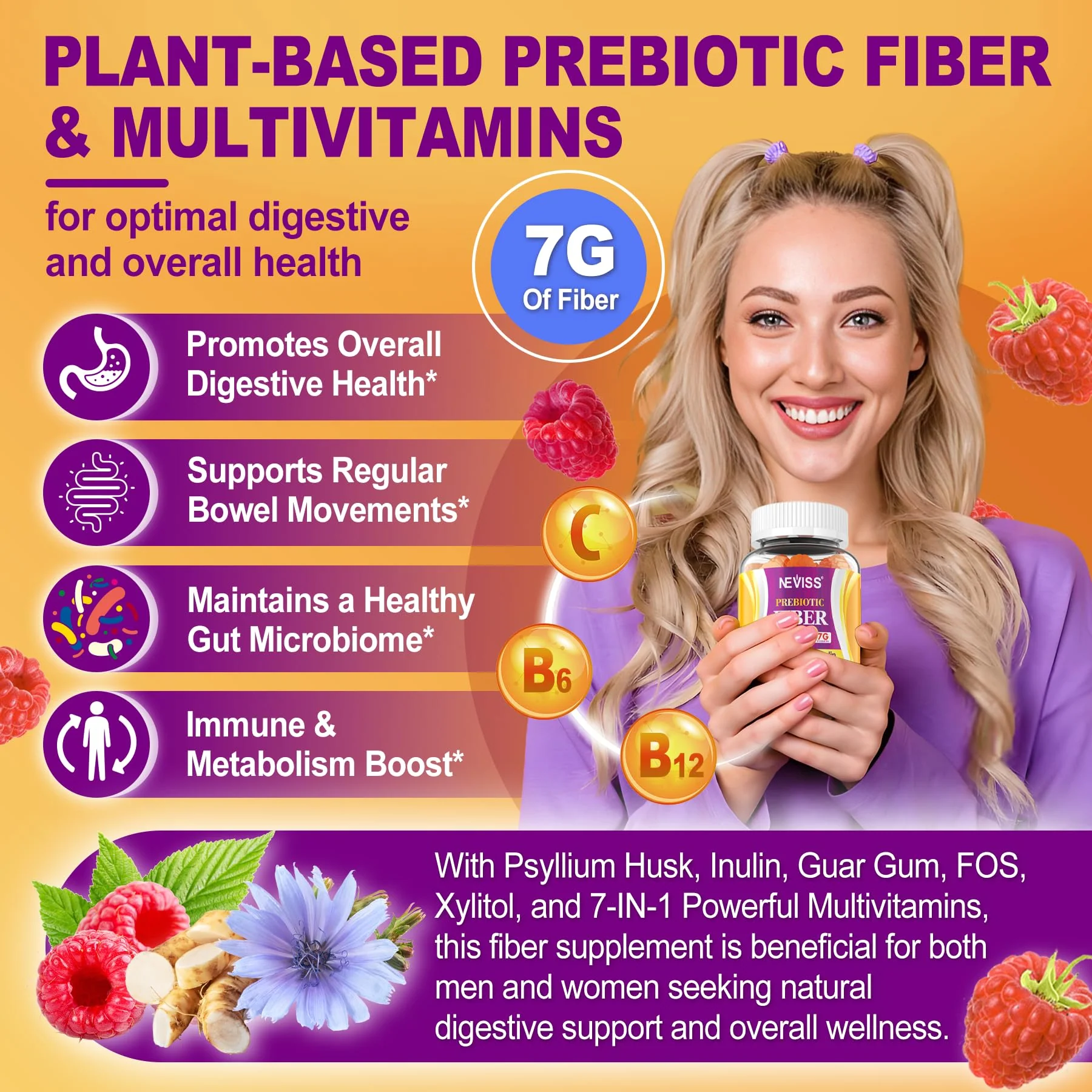 1Pack Fiber Gummies for Adults with Psyllium Husk, 7G(Soluble + Insoluble) Daily Prebiotic Fiber with Inulin, FOS, Guar Gum, Multivitamins for Daily Digestive Health, Regularity Gut Support,Sugar Free - Image 6