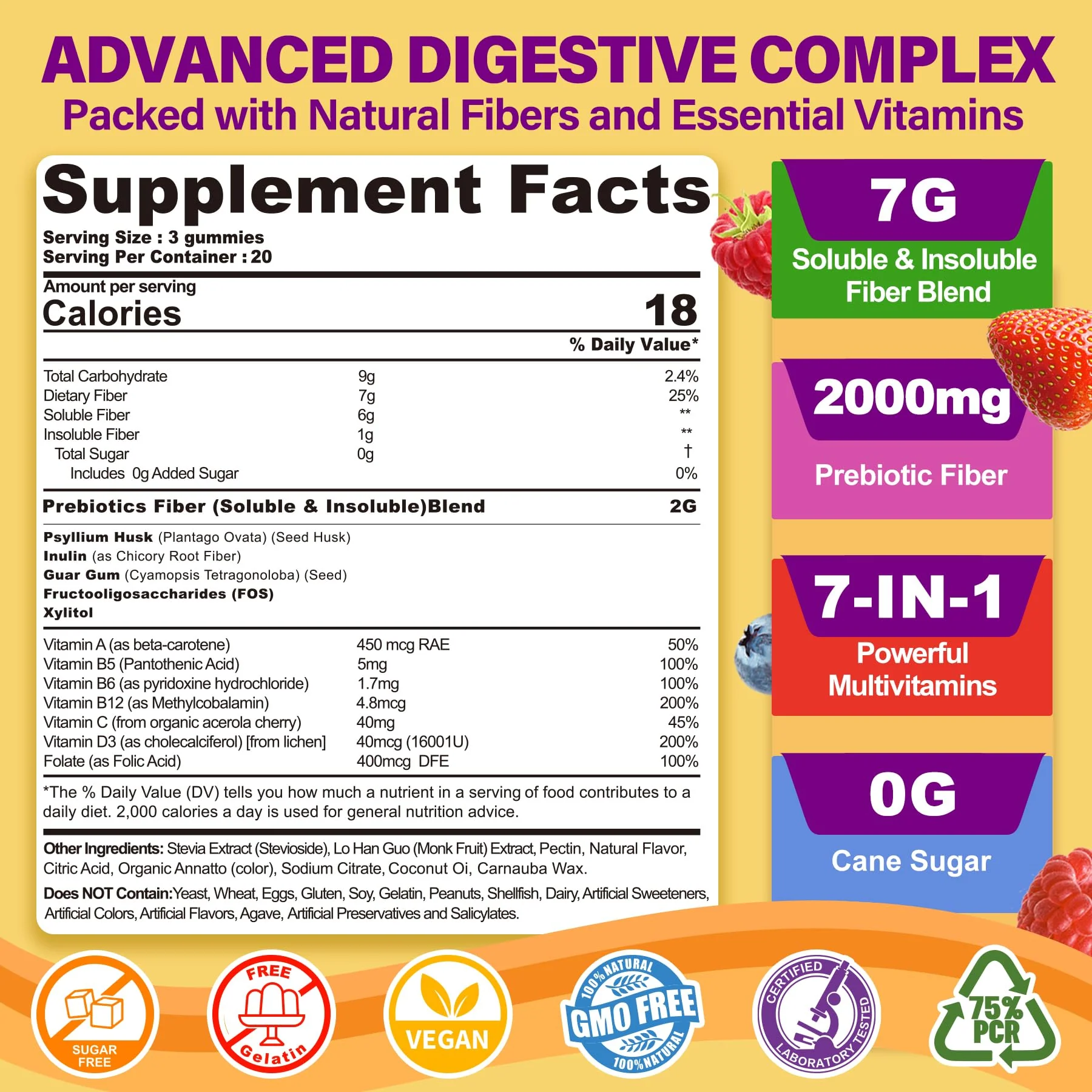 1Pack Fiber Gummies for Adults with Psyllium Husk, 7G(Soluble + Insoluble) Daily Prebiotic Fiber with Inulin, FOS, Guar Gum, Multivitamins for Daily Digestive Health, Regularity Gut Support,Sugar Free - Image 8