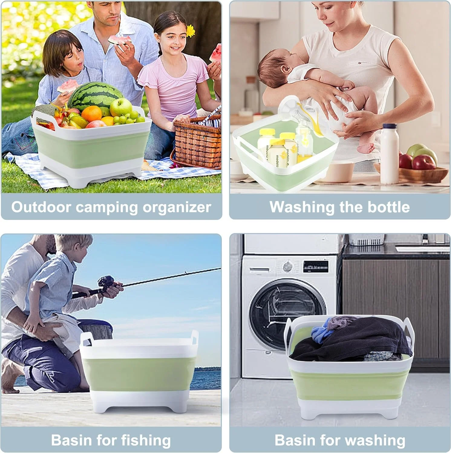 2.4 Gal(9L) Collapsible Dish Basin with Drain Plug, Space Saving Outdoor Multiuse Foldable Sink Tub, Dishpan, Kitchen Storage Tray for Camping, Vegetable Washing, RV (Green) - Image 3