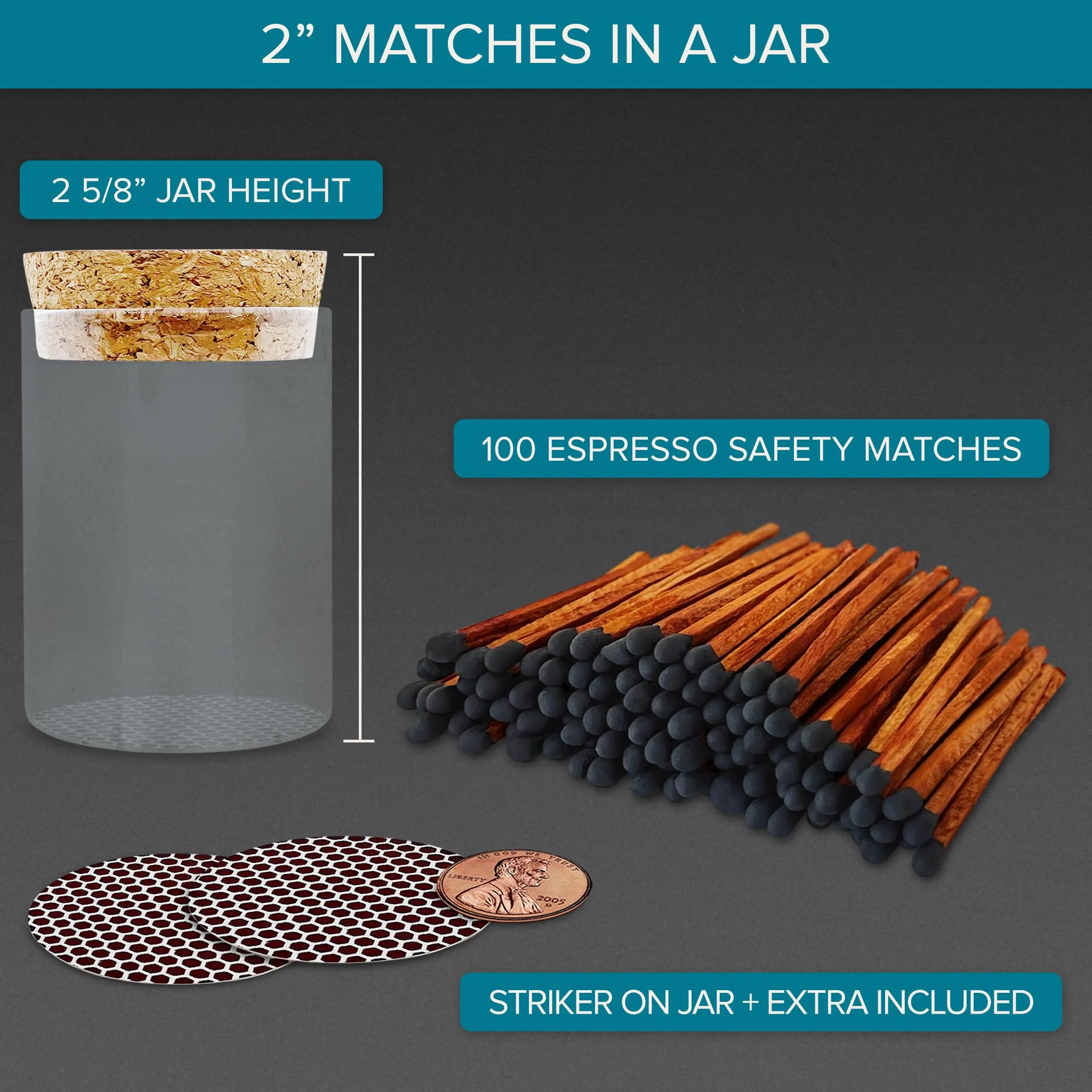 2" Espresso Matches in a Jar + Striker Stickers Included | 100 Brown Stick Black Tip Decorative Safety Matches w/Cork Top Glass Holder | Gifts, Home Decor, & Candle Accessories by Thankful Greetings - Image 9