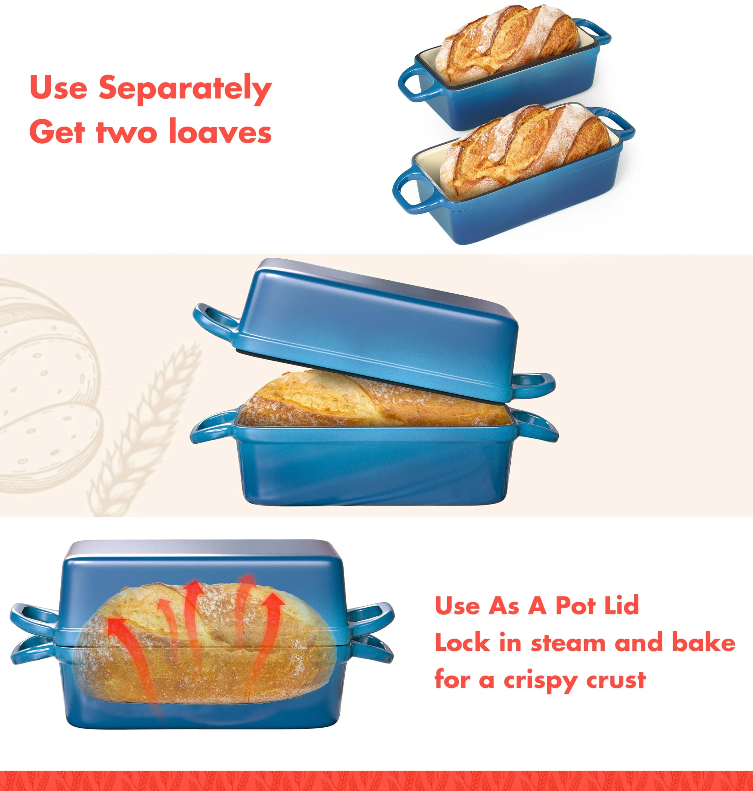 2 IN 1 Cast Iron Bread Loaf Pan with Lid, 3.4QT 9x5 Inch Dutch Oven for Bread Baking, Even Heating Bread Oven, Enameled Bread Pan for Homemade Sourdough Bread Baking & Versatile Cooking, Blue - Image 2